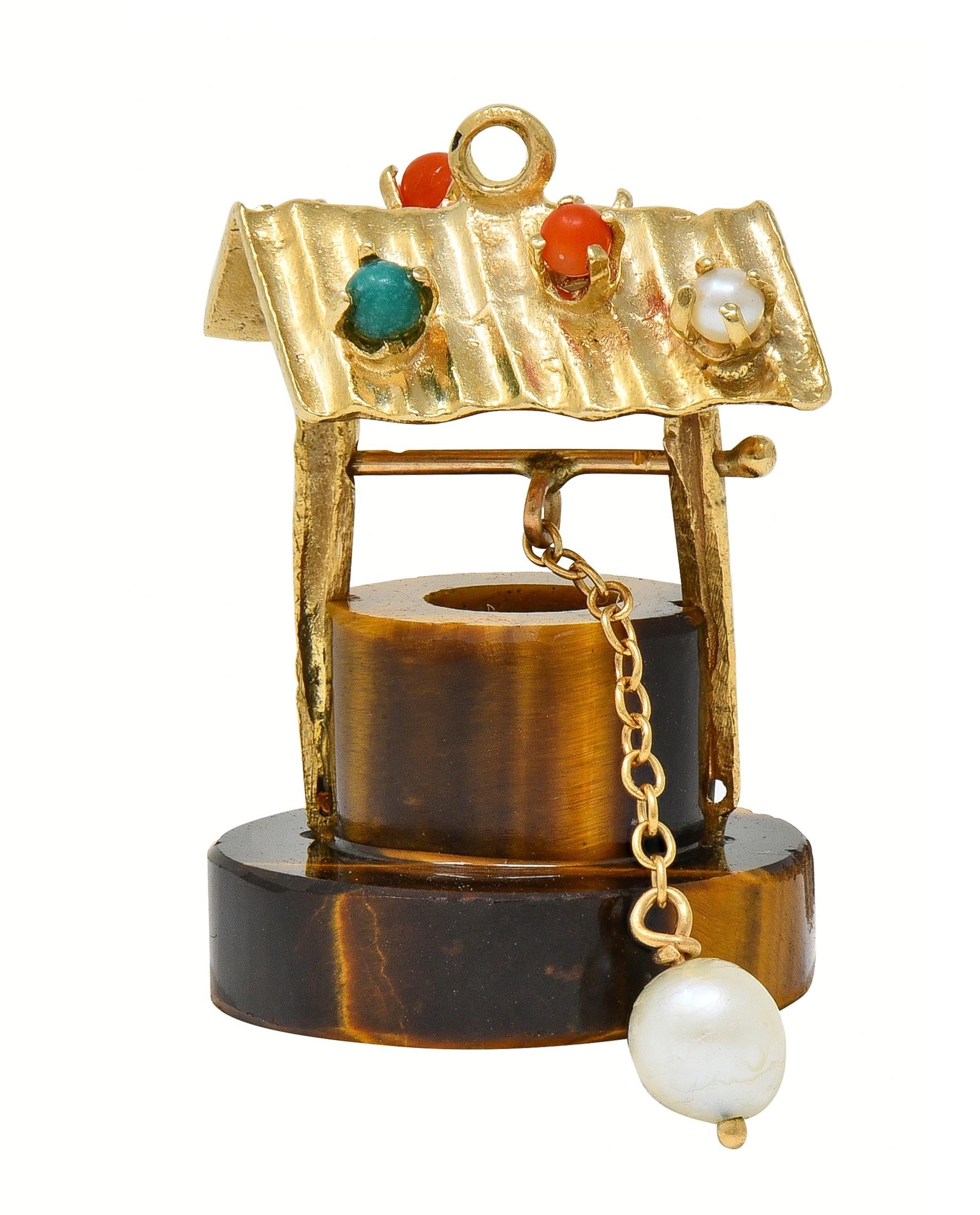 1960's Multi-Gem 14 Karat Yellow Gold Vintage Wishing Well Pendant Charm