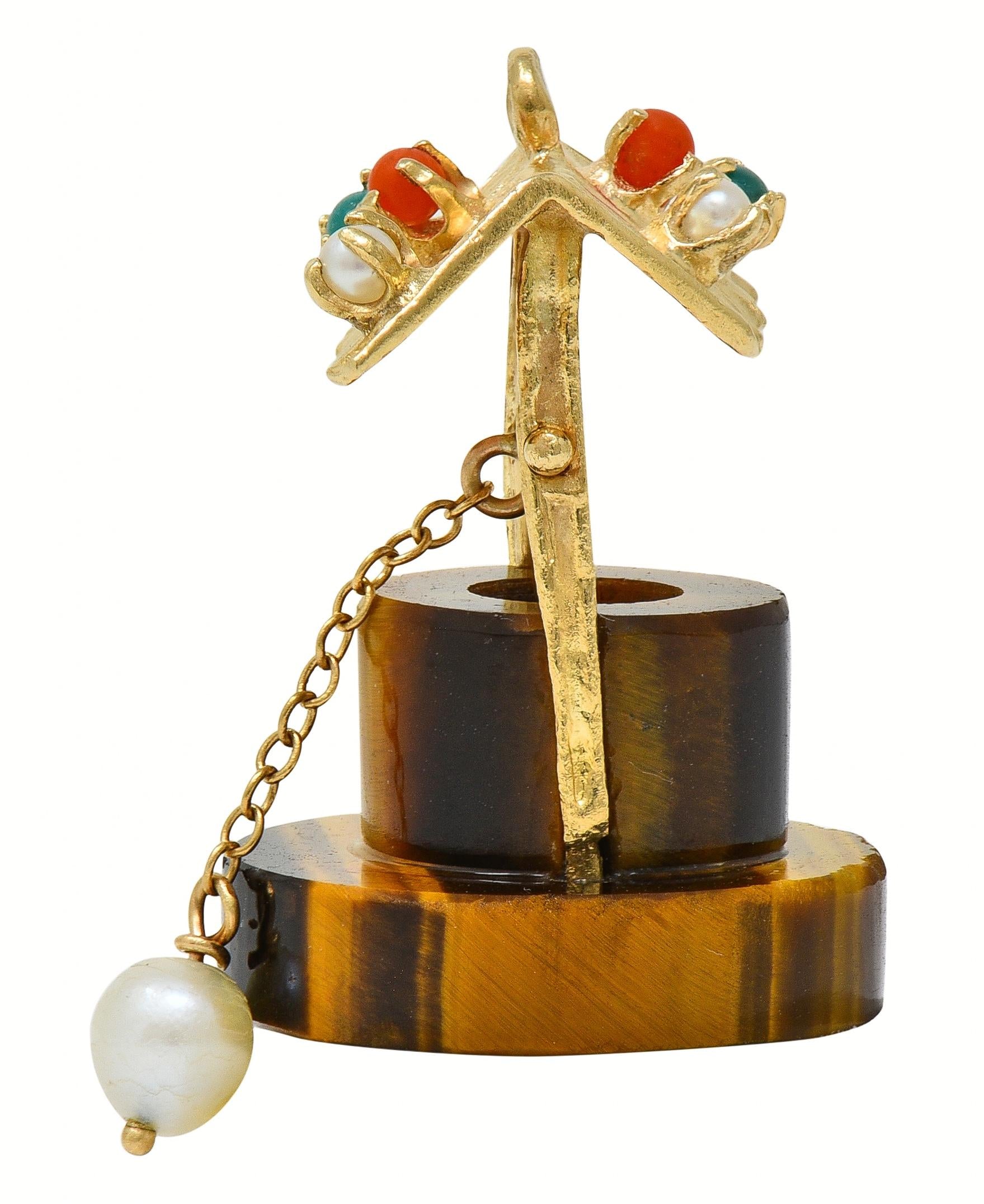 1960's Multi-Gem 14 Karat Yellow Gold Vintage Wishing Well Pendant Charm