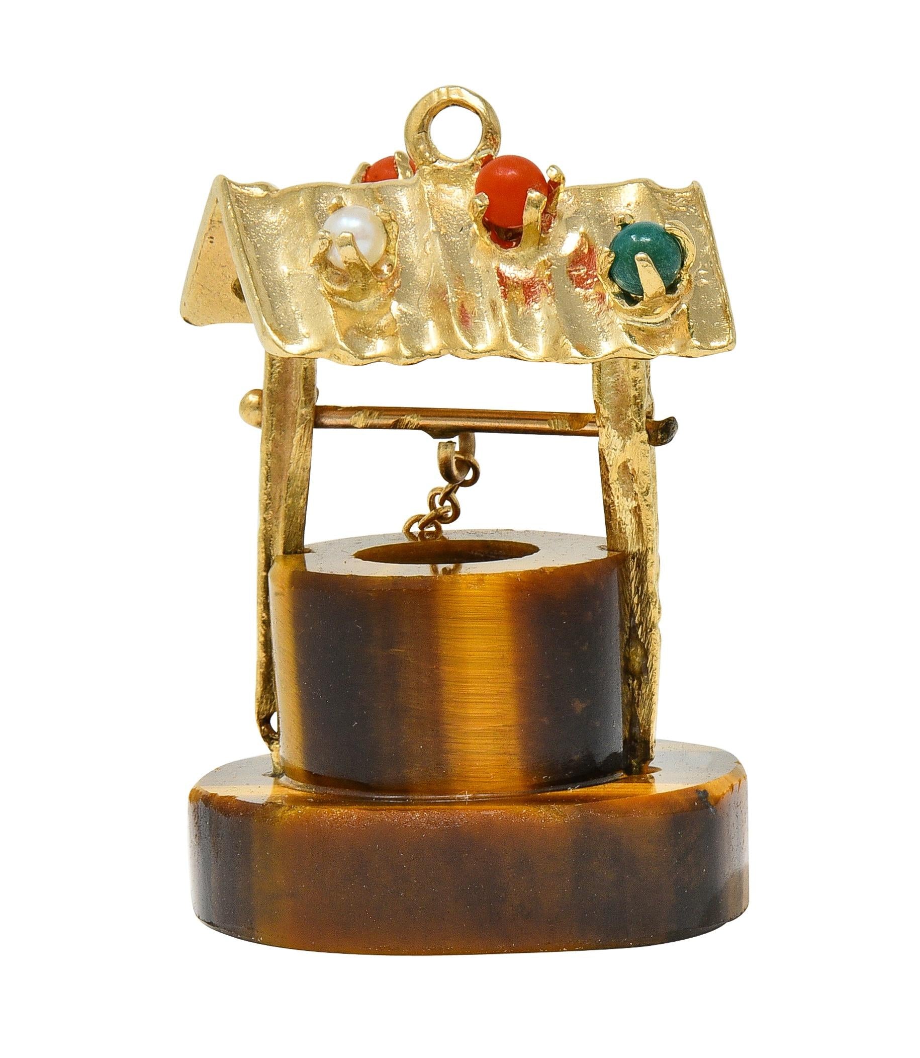 1960's Multi-Gem 14 Karat Yellow Gold Vintage Wishing Well Pendant Charm