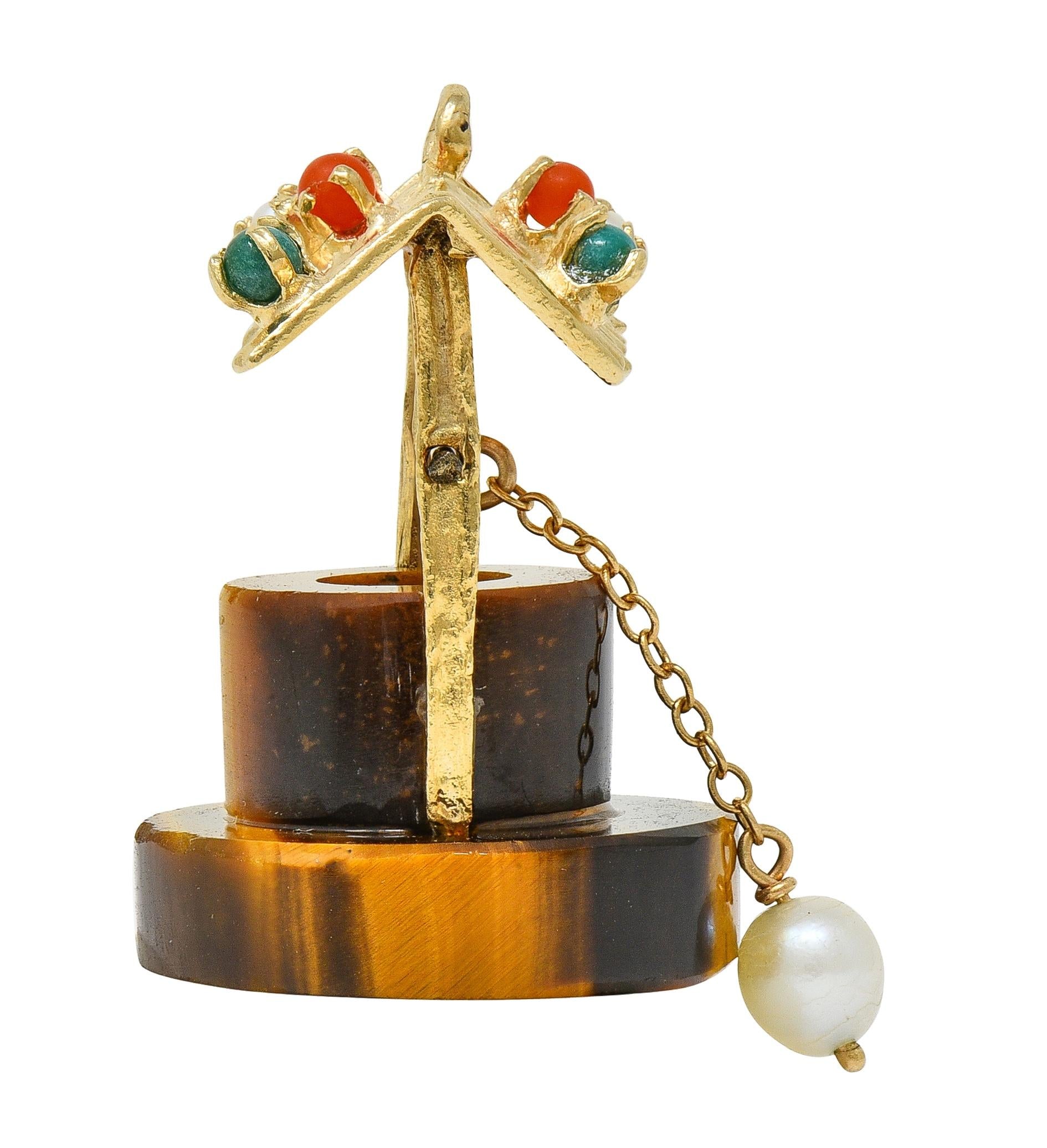 1960's Multi-Gem 14 Karat Yellow Gold Vintage Wishing Well Pendant Charm