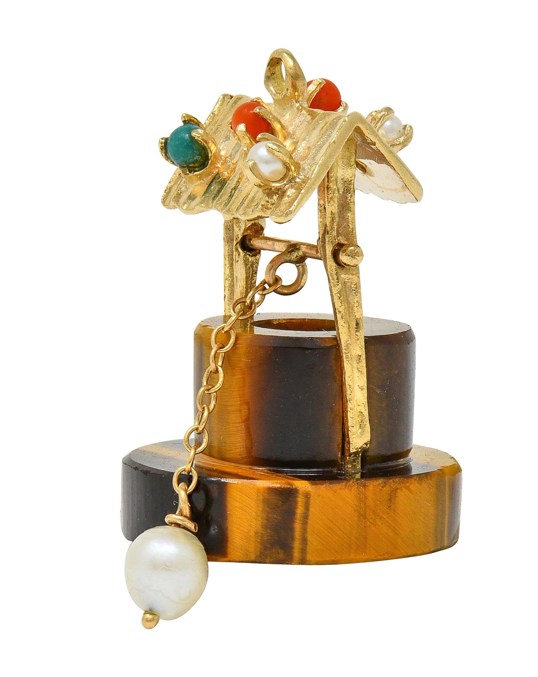 1960's Multi-Gem 14 Karat Yellow Gold Vintage Wishing Well Pendant Charm