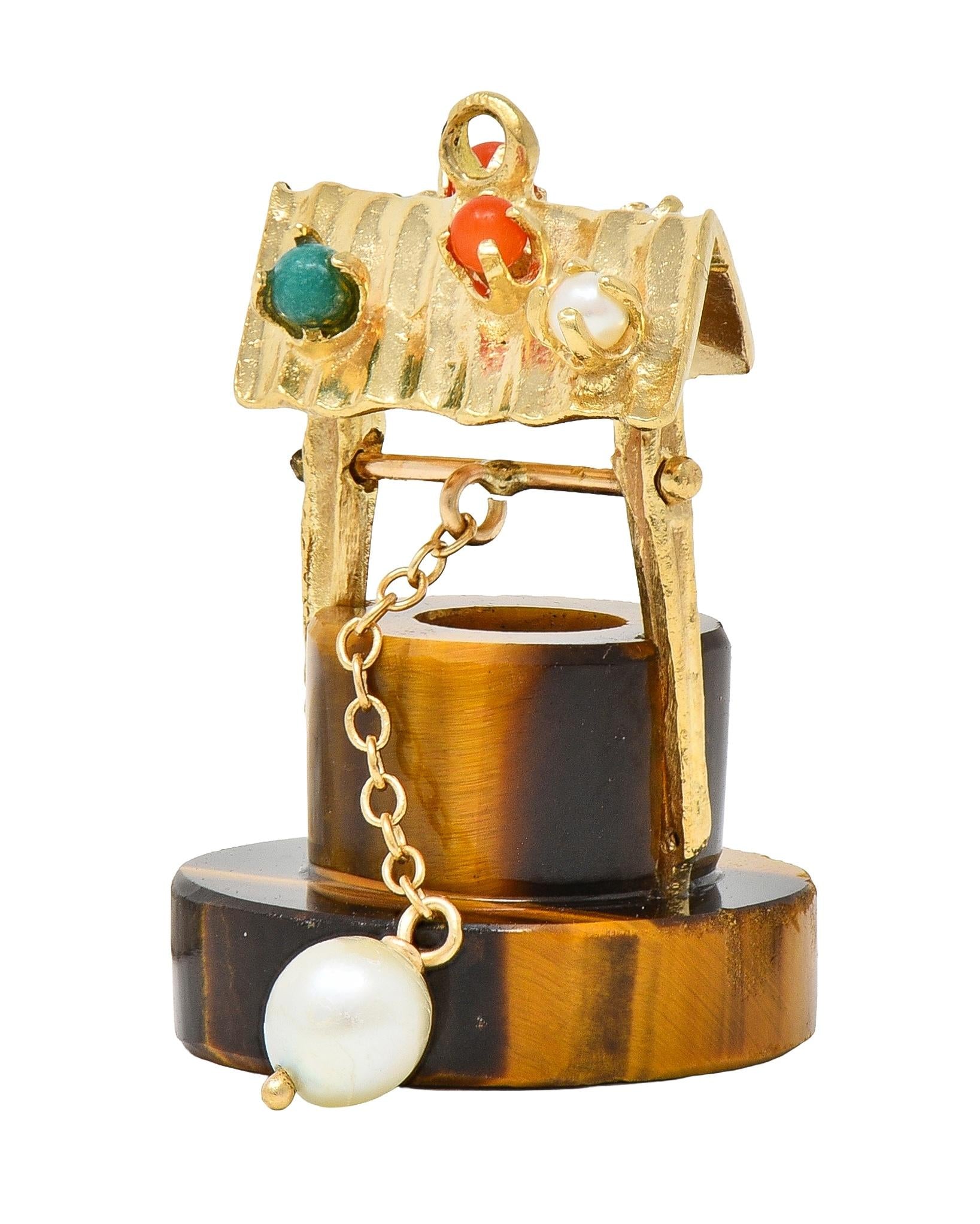 1960's Multi-Gem 14 Karat Yellow Gold Vintage Wishing Well Pendant Charm