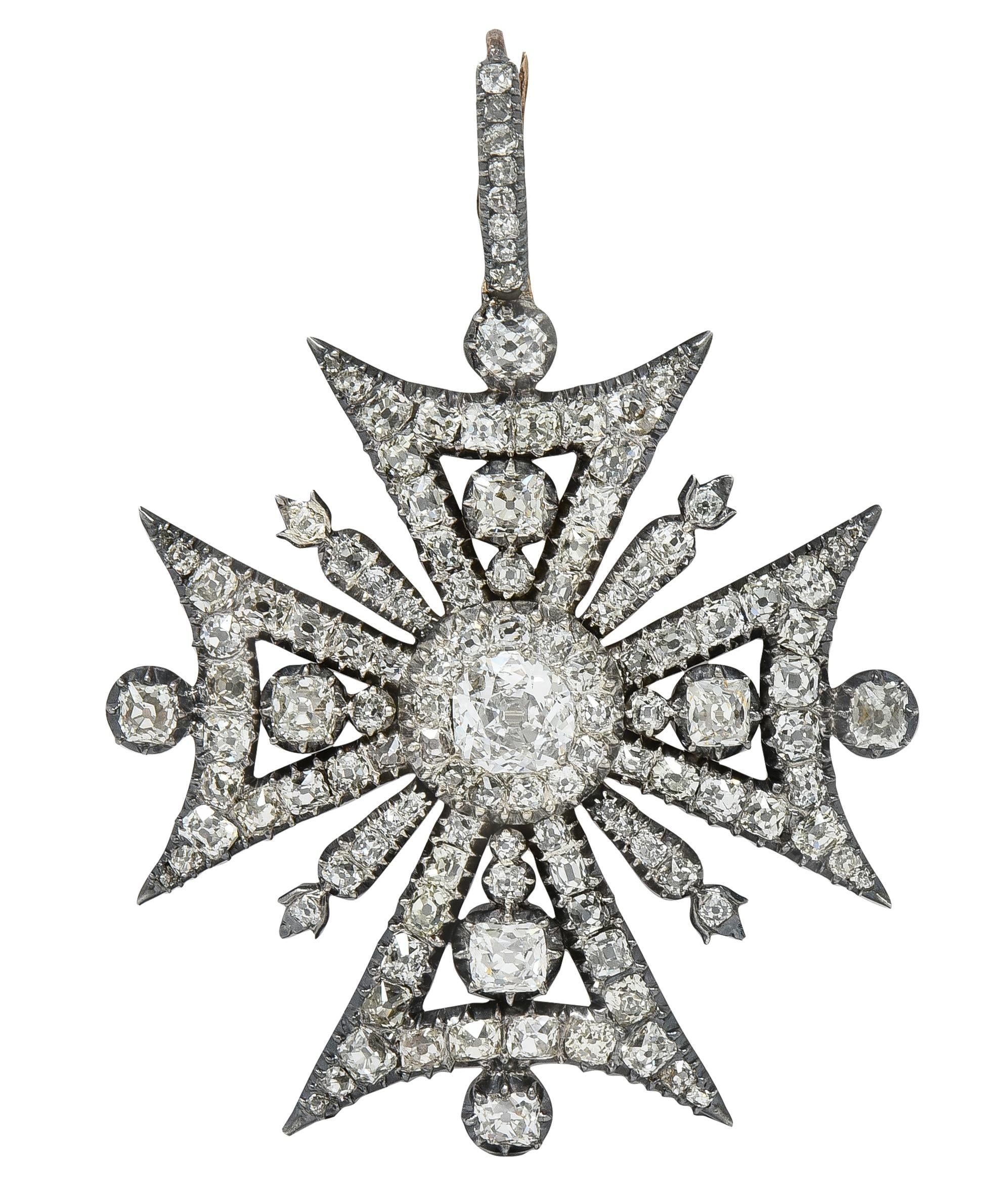 Victorian Diamond Silver-Topped 18K Gold Antique Maltese Cross Pendant Brooch