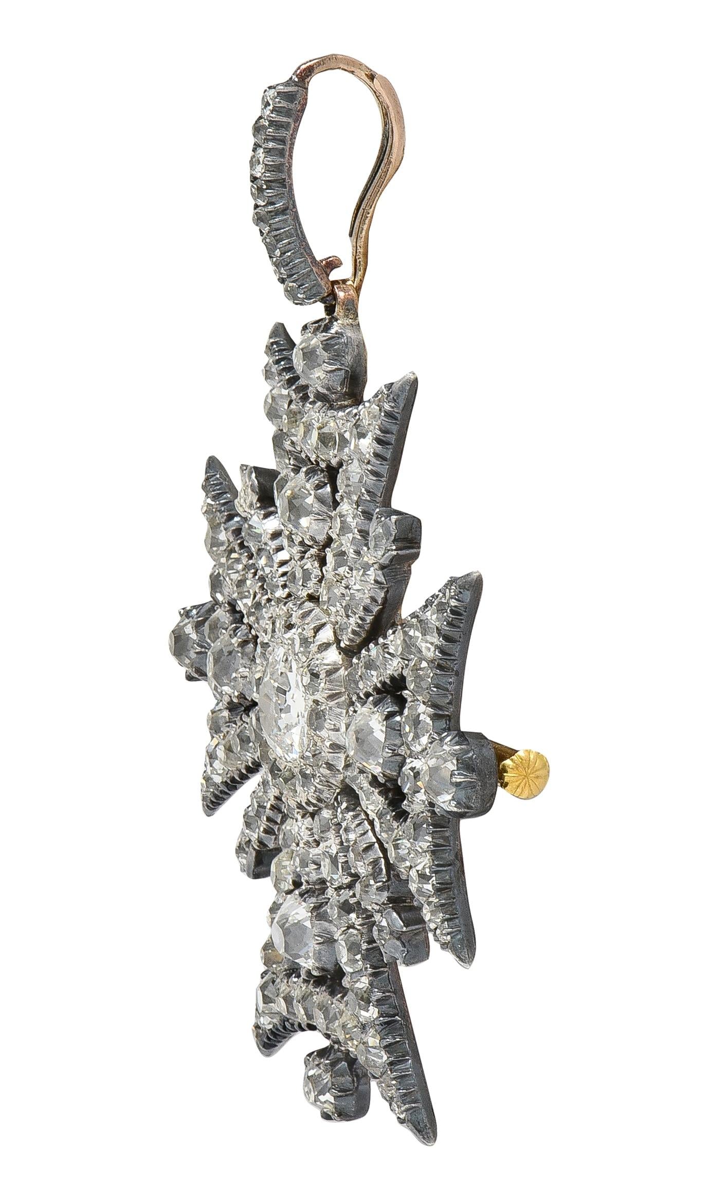 Victorian Diamond Silver-Topped 18K Gold Antique Maltese Cross Pendant Brooch