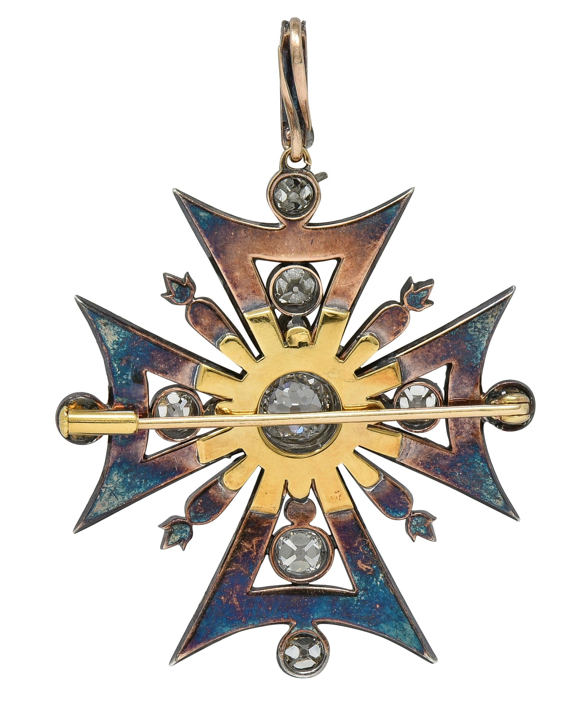 Victorian Diamond Silver-Topped 18K Gold Antique Maltese Cross Pendant Brooch