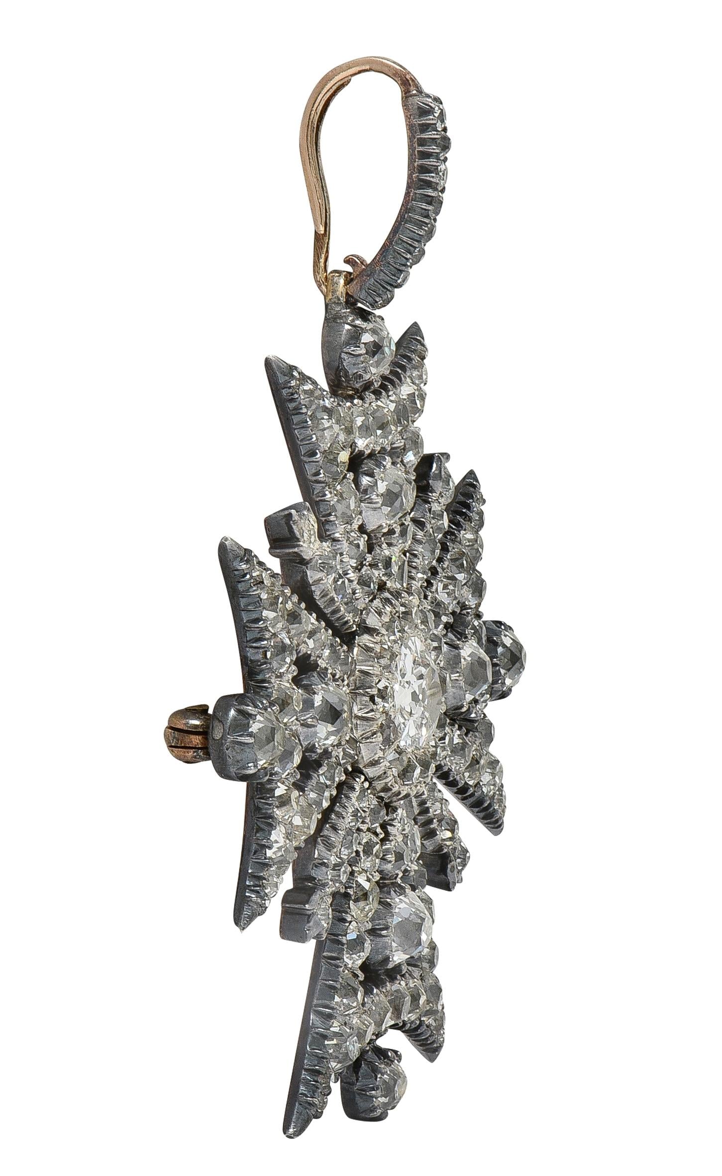 Victorian Diamond Silver-Topped 18K Gold Antique Maltese Cross Pendant Brooch
