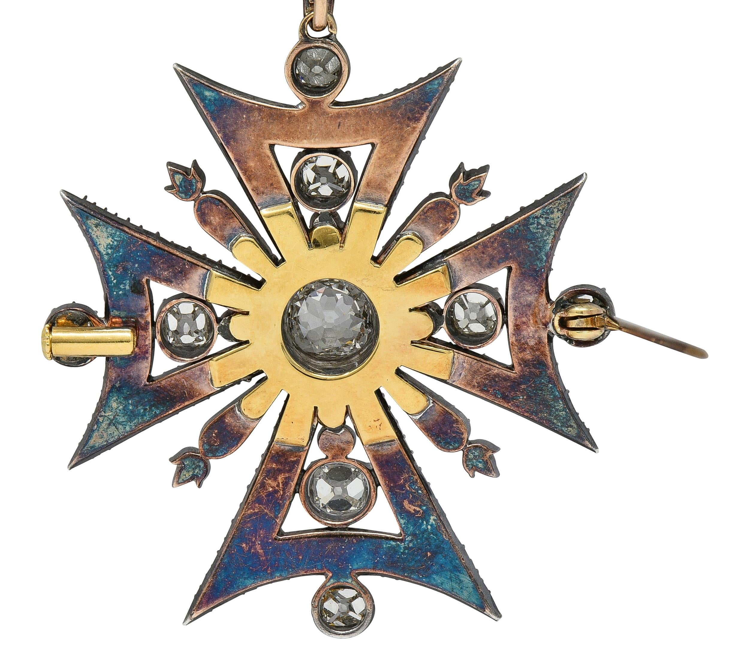 Victorian Diamond Silver-Topped 18K Gold Antique Maltese Cross Pendant Brooch