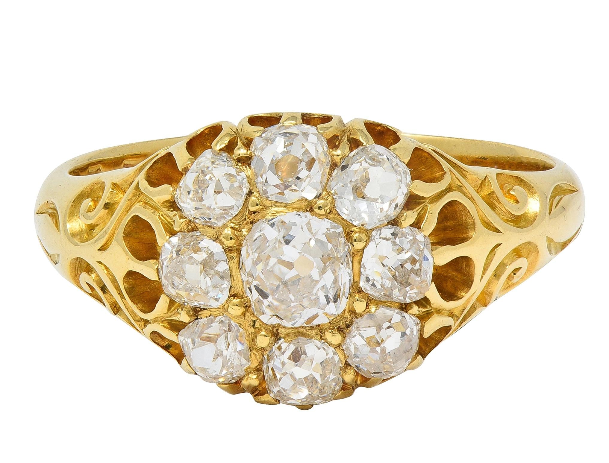 Victorian 1.26 CTW Old Mine Cut Diamond 18K Yellow Gold Antique Cluster Ring