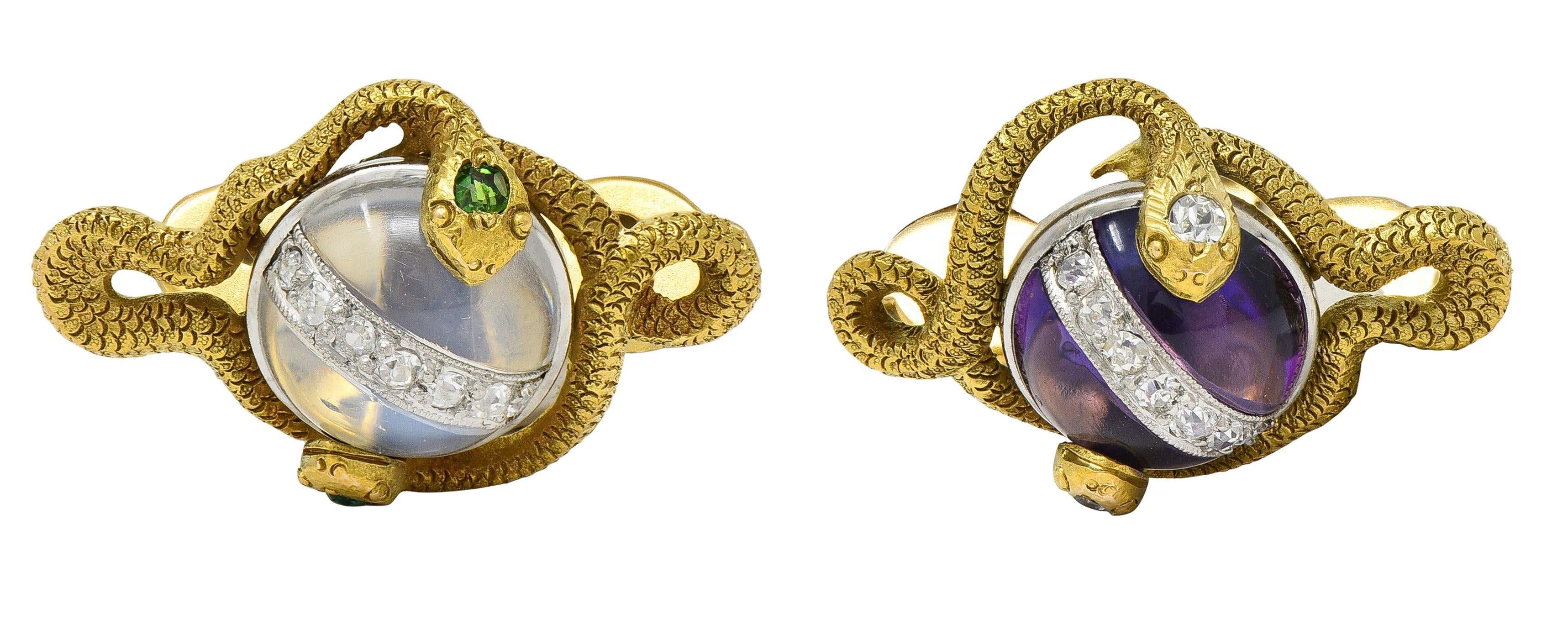 Victorian Amethyst Moonstone Diamond Emerald 14K Gold Antique Snake Cufflinks