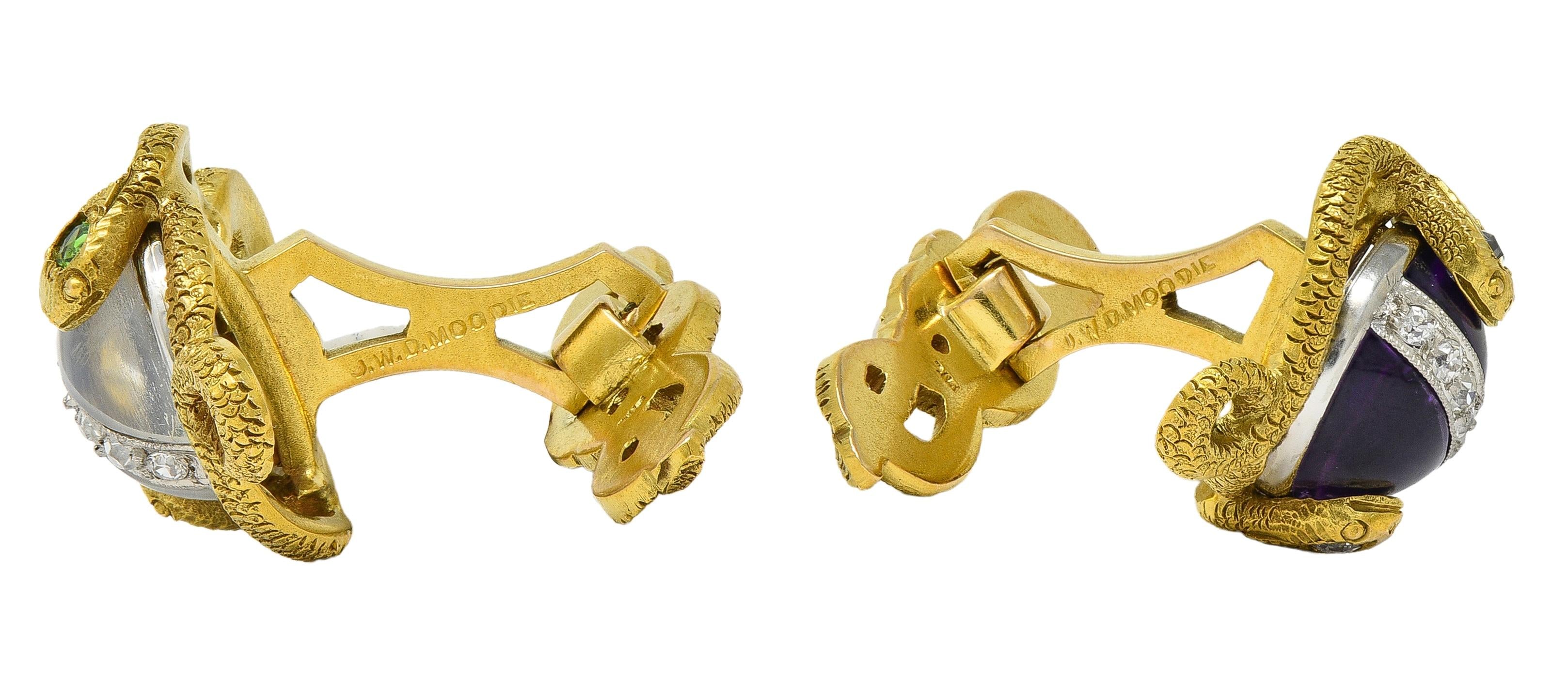 Victorian Amethyst Moonstone Diamond Emerald 14K Gold Antique Snake Cufflinks