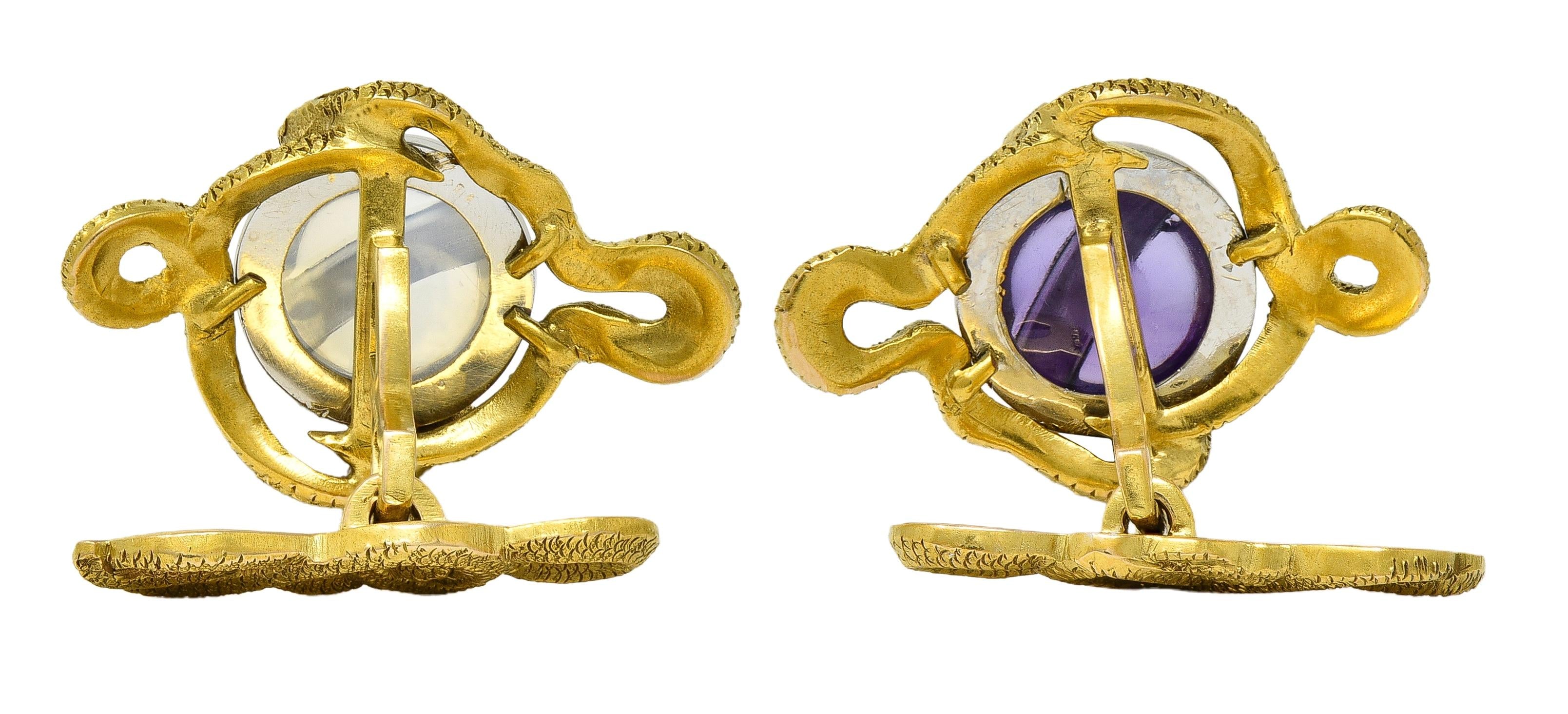 Victorian Amethyst Moonstone Diamond Emerald 14K Gold Antique Snake Cufflinks