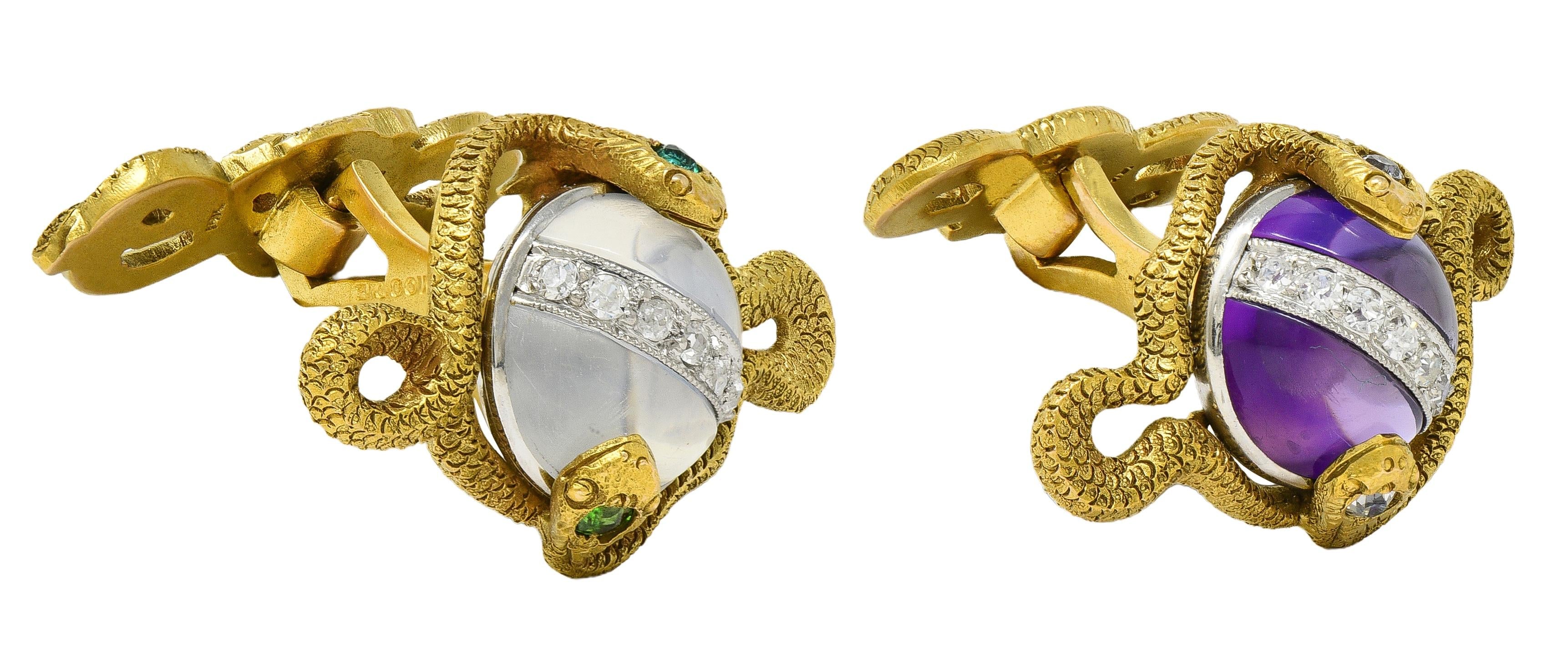 Victorian Amethyst Moonstone Diamond Emerald 14K Gold Antique Snake Cufflinks