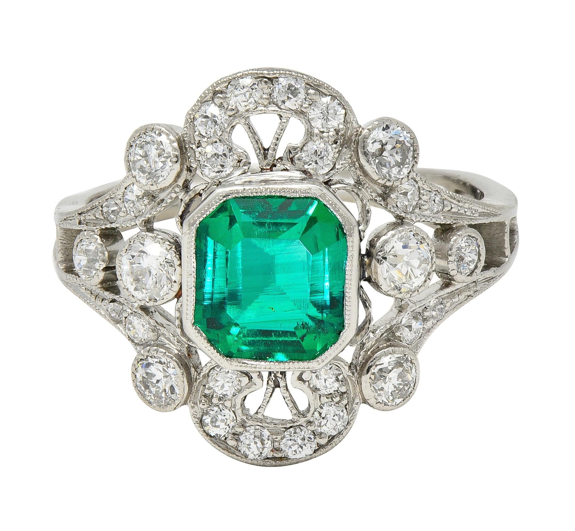 Early Art Deco Colombian Emerald Diamond Platinum Antique Cluster Ring