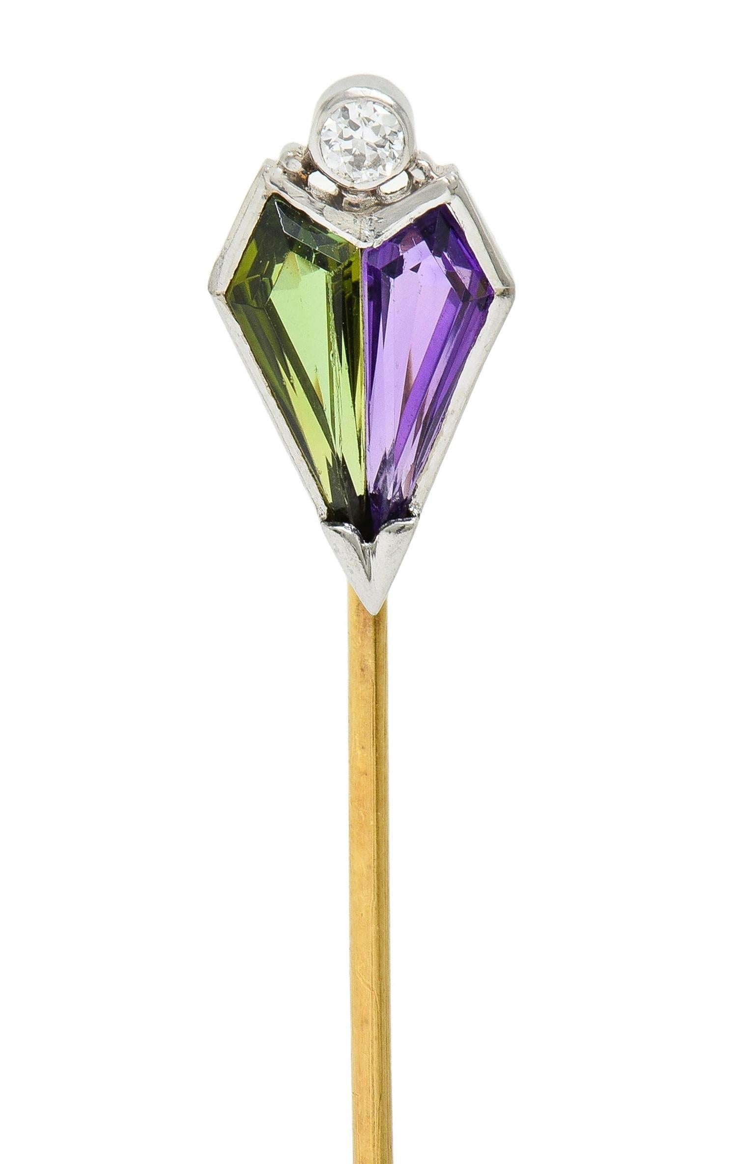 Carter Gough & Co. Art Deco Diamond Multi-Gem Platinum 14K Gold Antique Stickpin