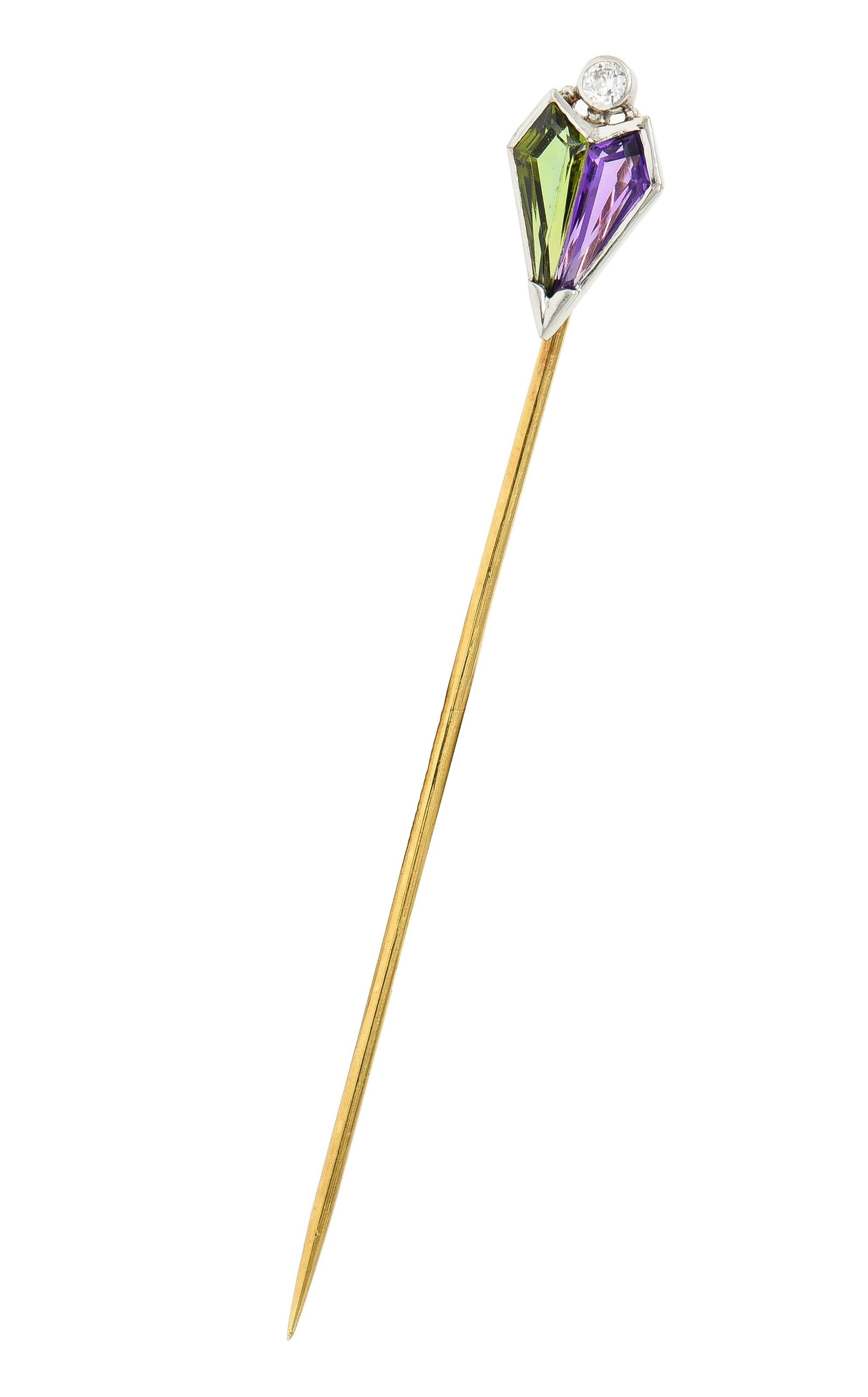 Carter Gough & Co. Art Deco Diamond Multi-Gem Platinum 14K Gold Antique Stickpin