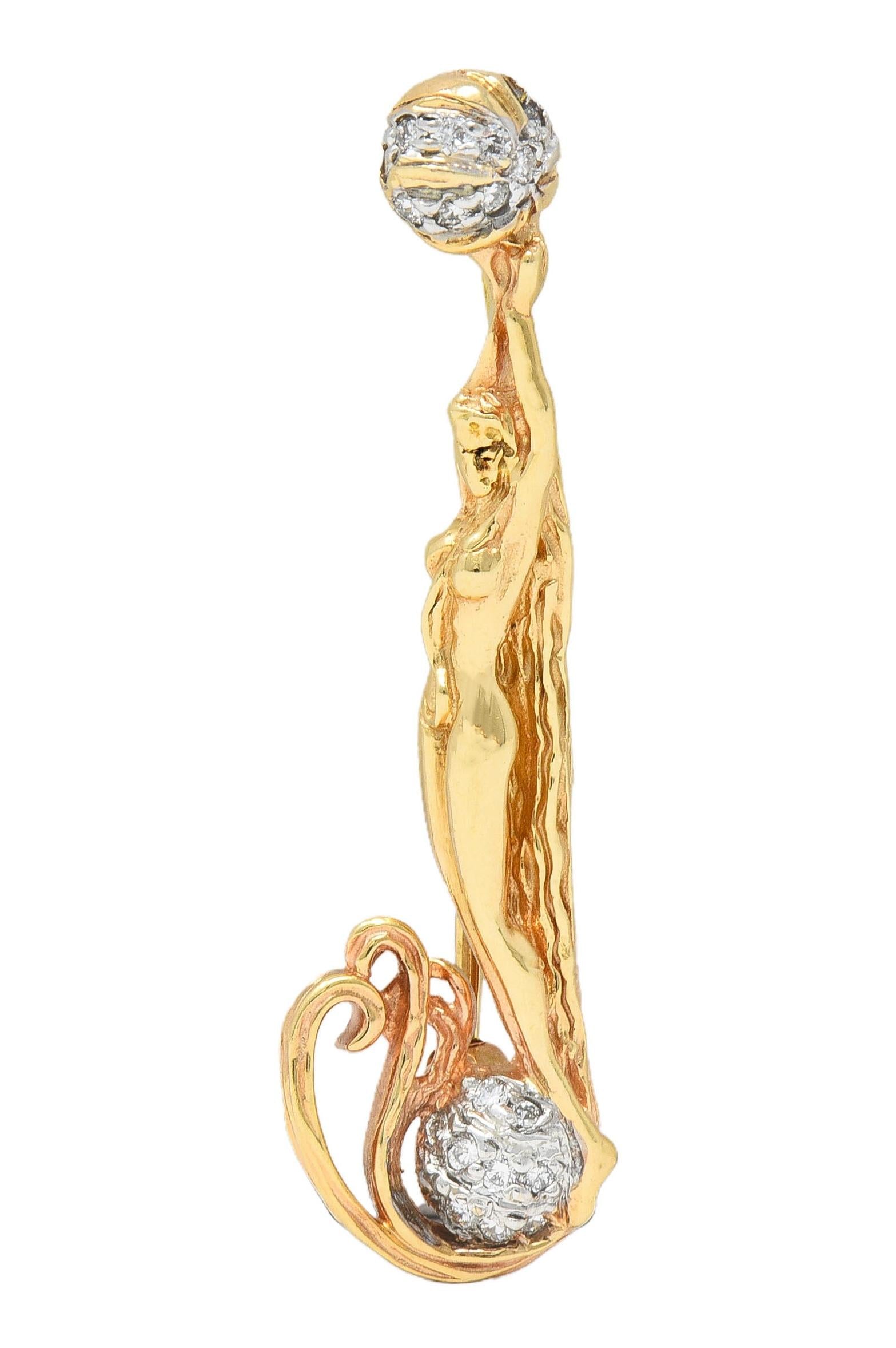 Erté 2002 0.56 CTW Diamond 14K Two-Tone Gold Alphabet J Lady Brooch Necklace