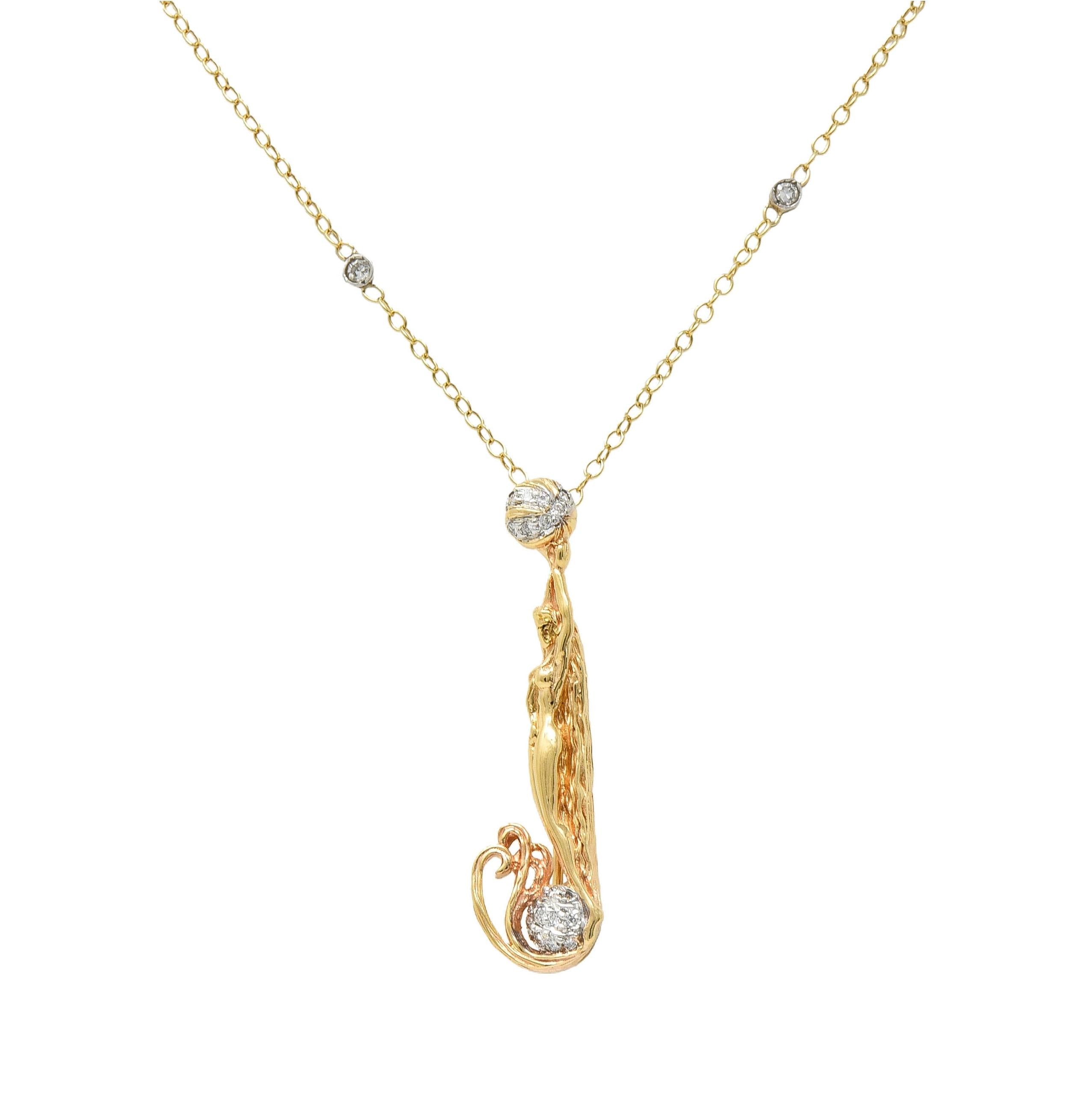 Erté 2002 0.56 CTW Diamond 14K Two-Tone Gold Alphabet J Lady Brooch Necklace