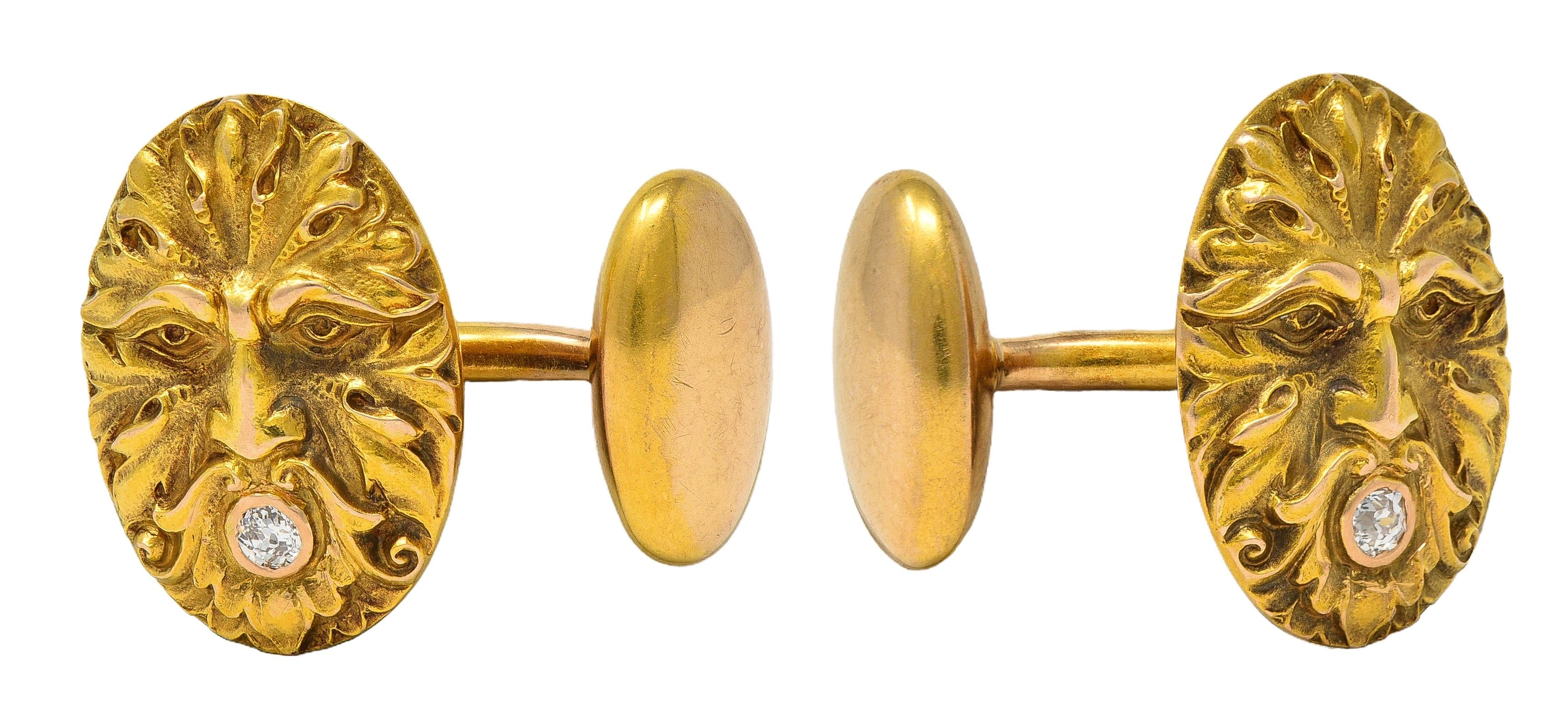 Victorian Diamond 14 Karat Yellow Gold Antique God Of Wind Cufflinks