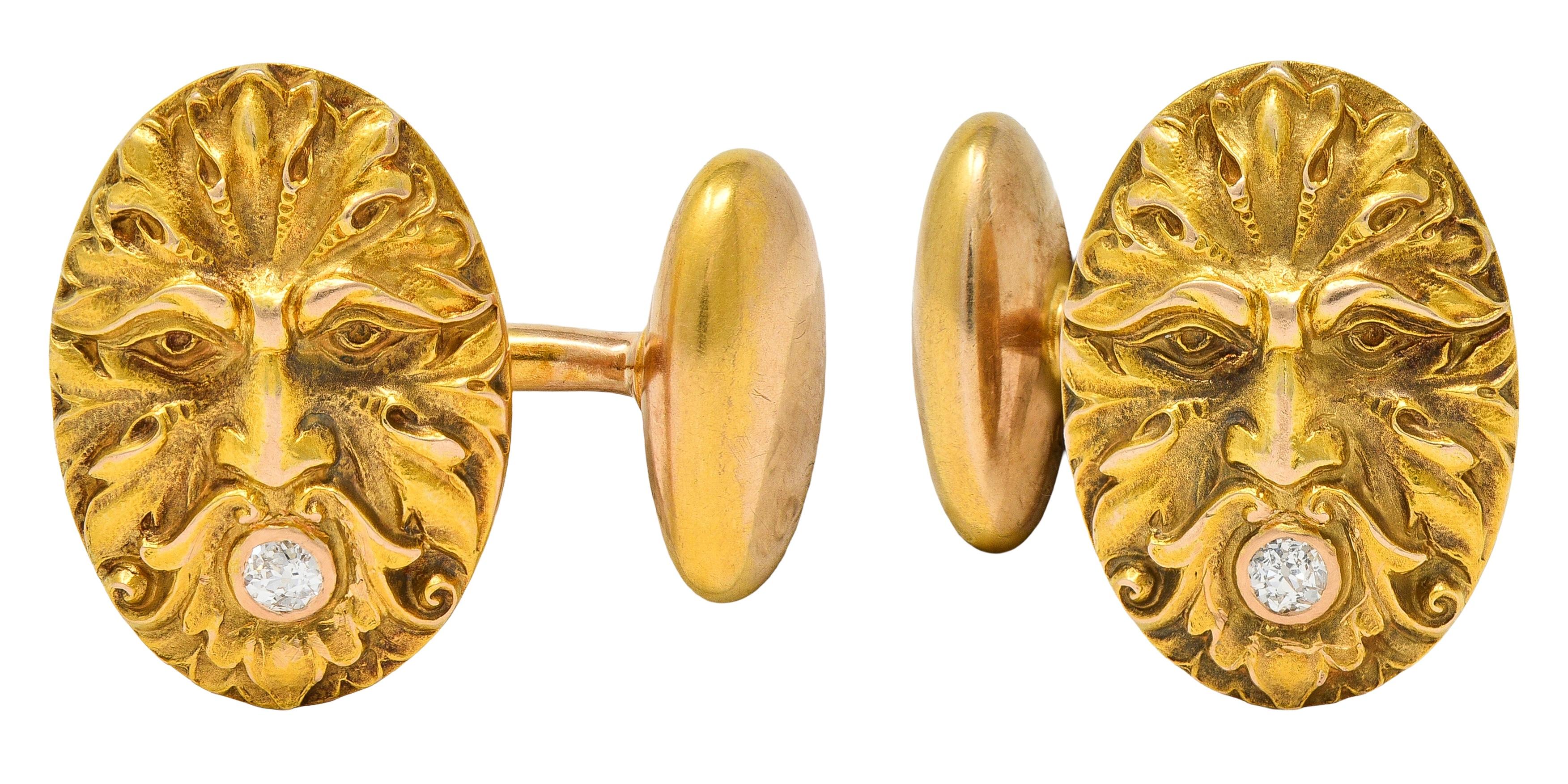 Victorian Diamond 14 Karat Yellow Gold Antique God Of Wind Cufflinks