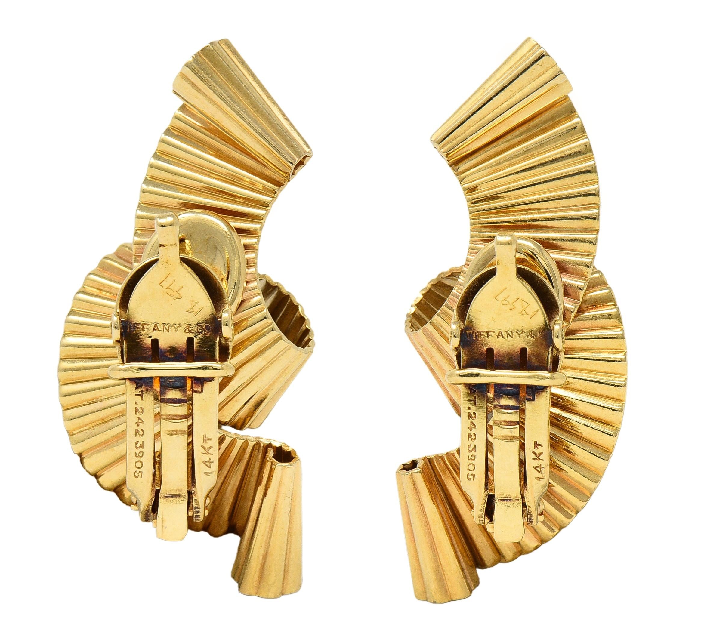Tiffany & Co. Retro 14 Karat Yellow Gold Pleated Scroll Ear-Clip Earrings