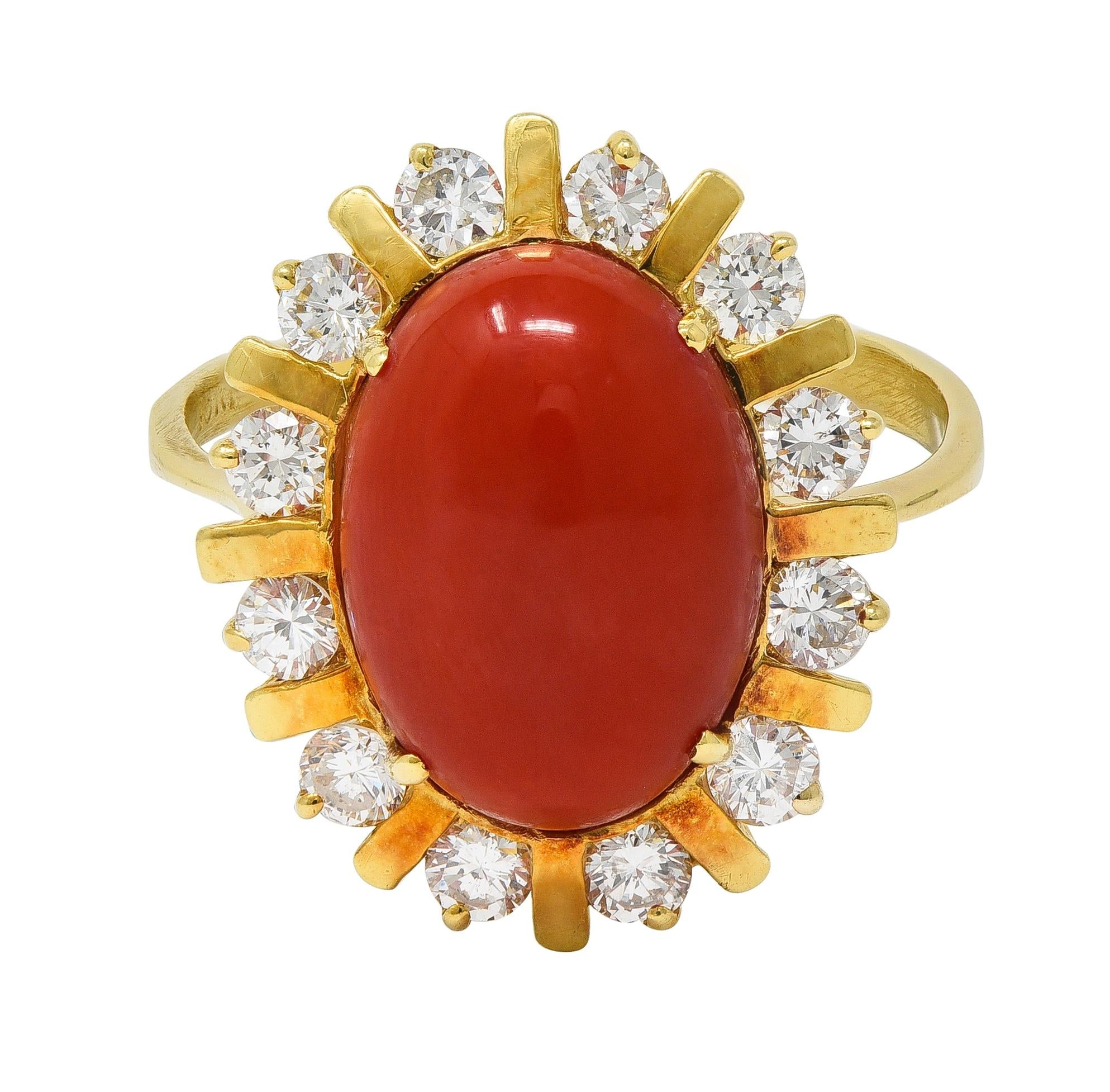 1970's Diamond Coral 18 Karat Yellow Gold Vintage Halo Ring