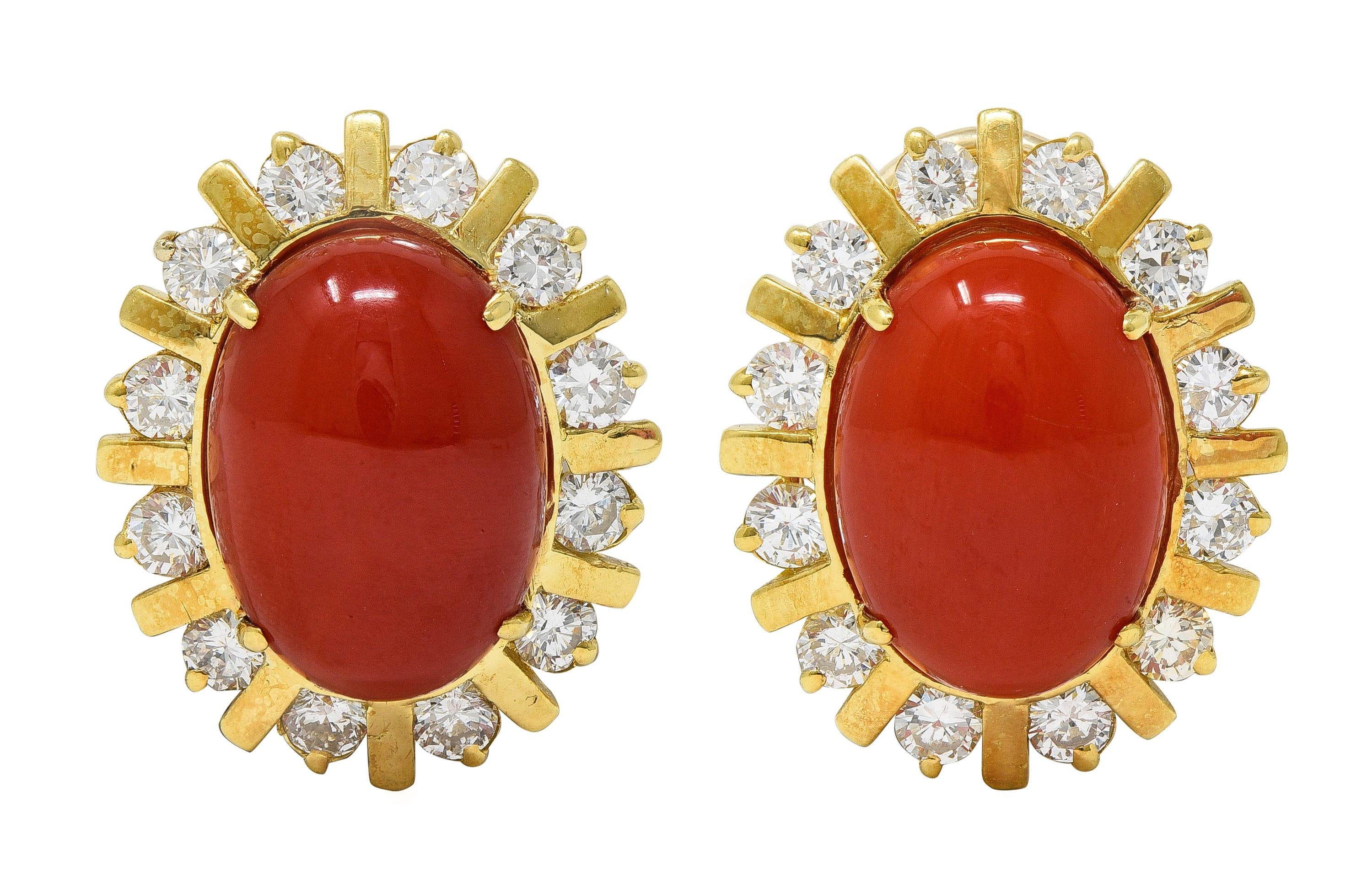 1970's Diamond Coral 18 Karat Yellow Gold Vintage Halo Earrings