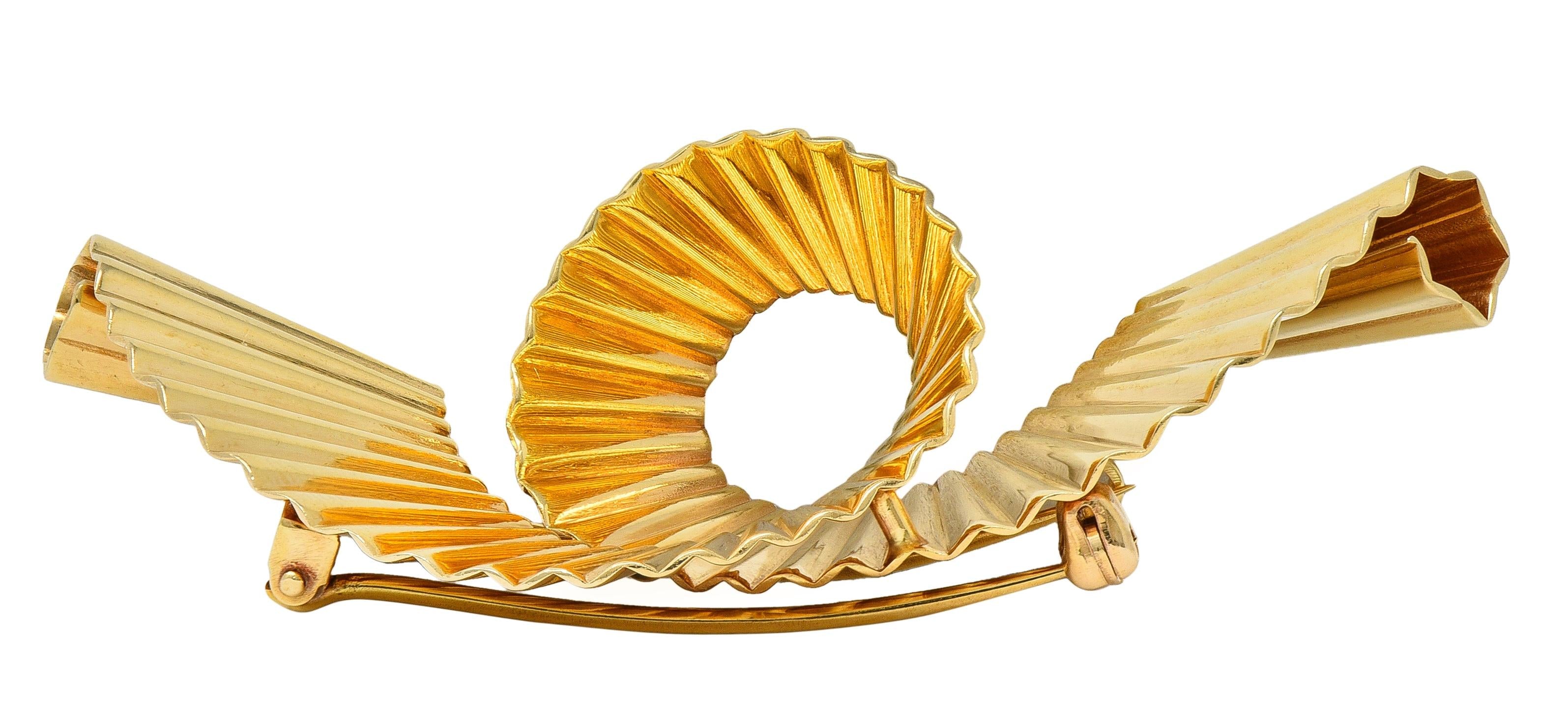 Tiffany & Co. Retro 14 Karat Yellow Gold Scroll Pleated Brooch