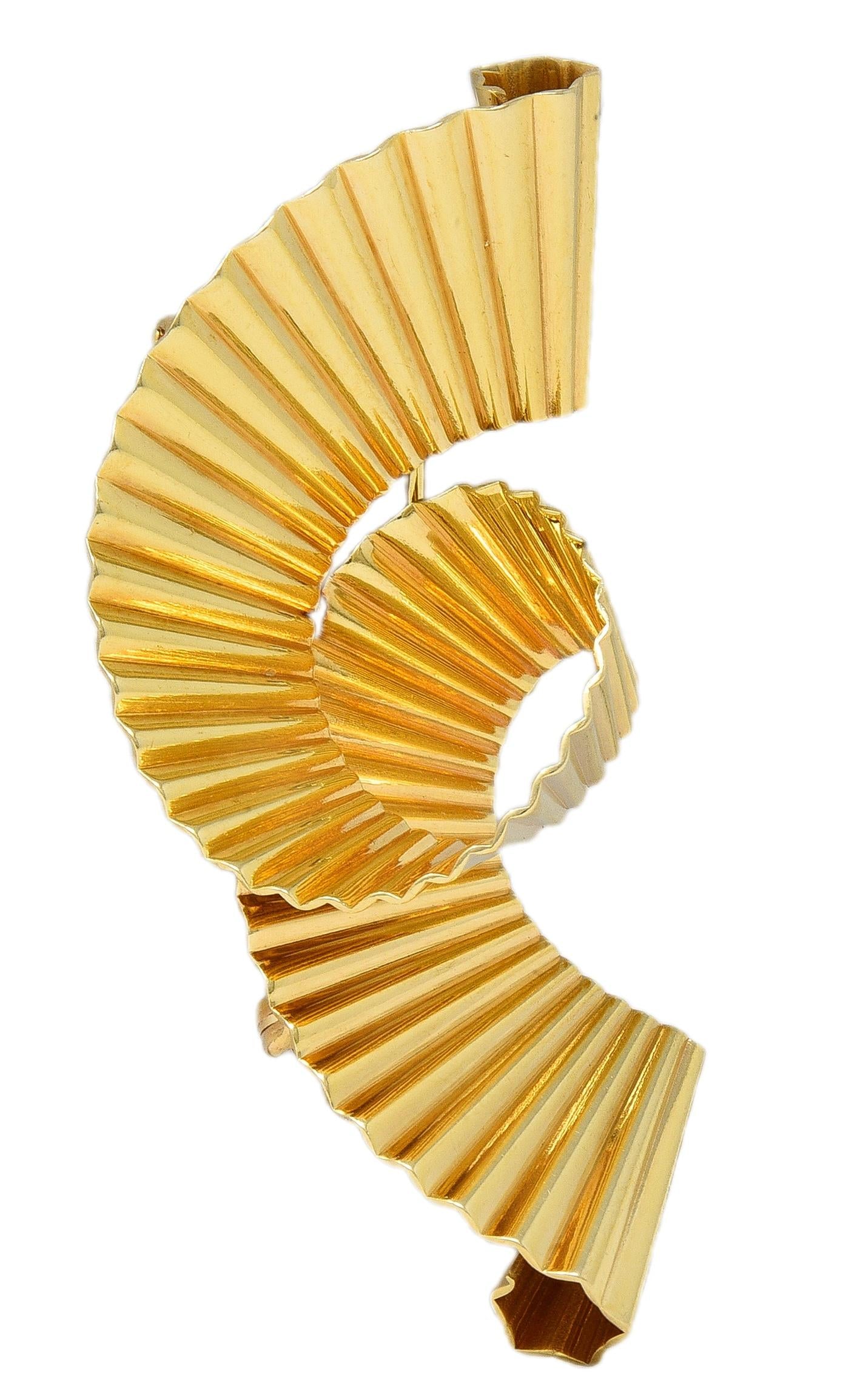 Tiffany & Co. Retro 14 Karat Yellow Gold Scroll Pleated Brooch
