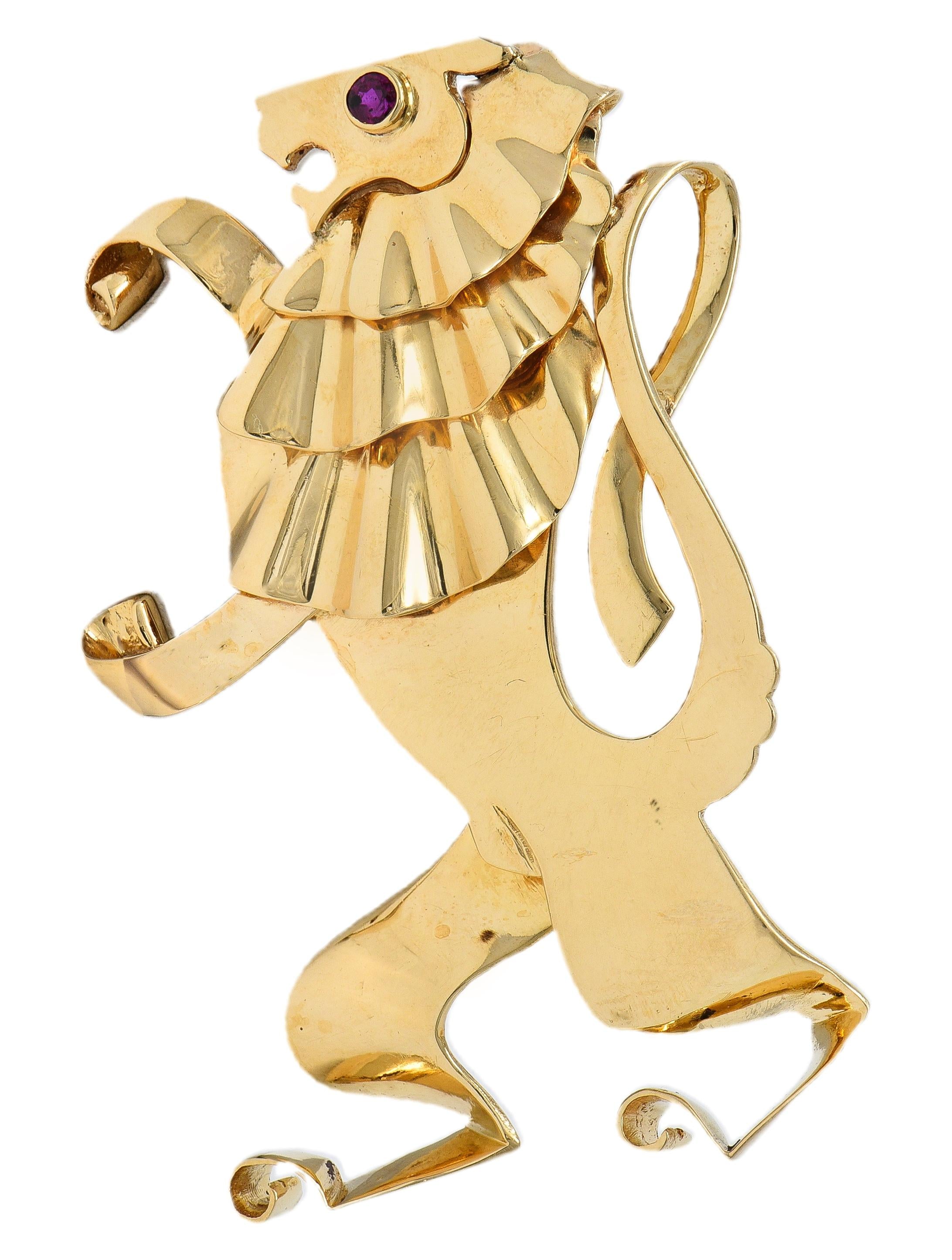 Traebert & Hoffman Mauboussin Retro Ruby 14K Gold Vintage Ruffled Lion Brooch
