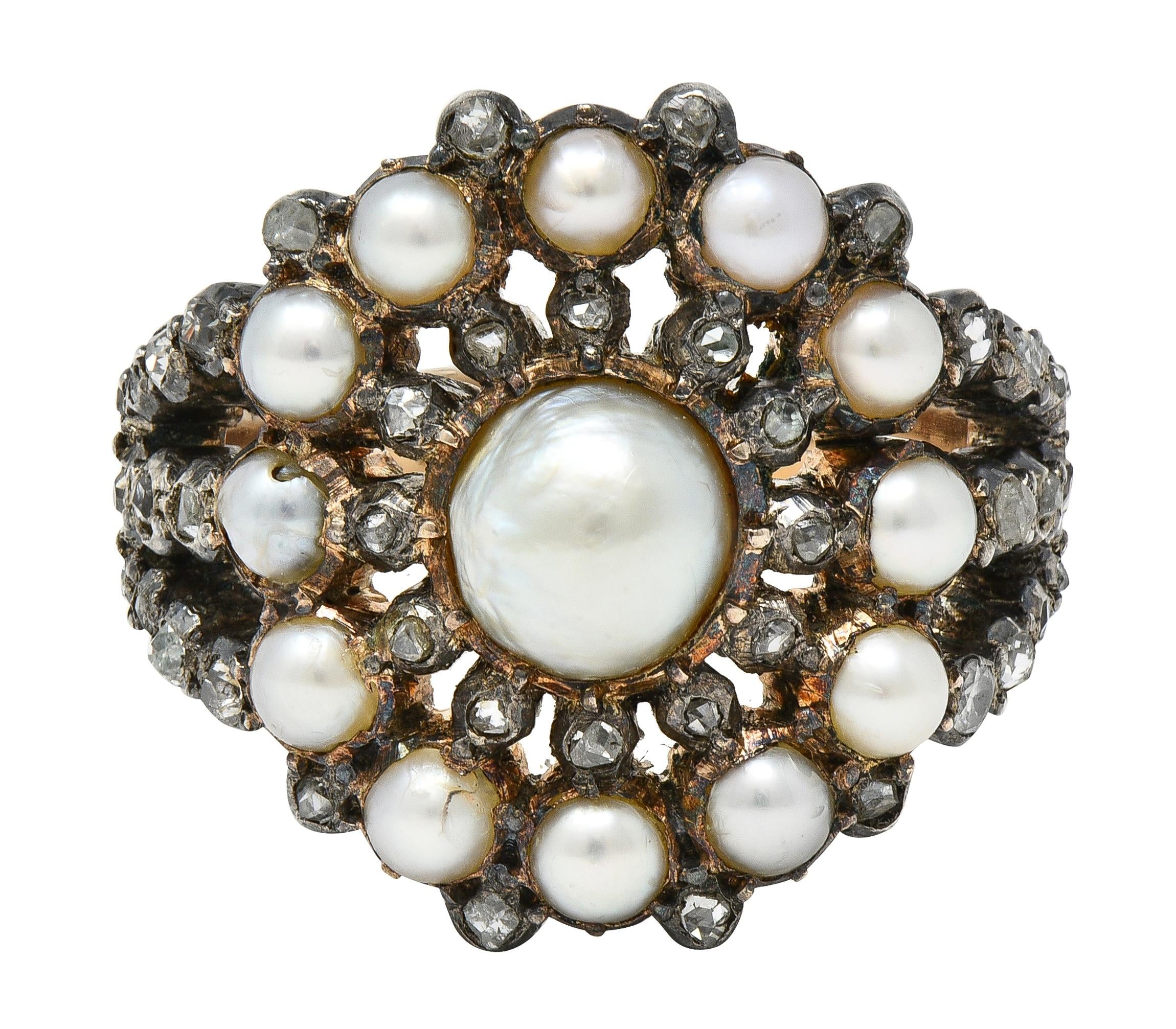 Victorian Diamond Pearl Sterling Silver 12 Karat Gold Antique Radial Burst Ring