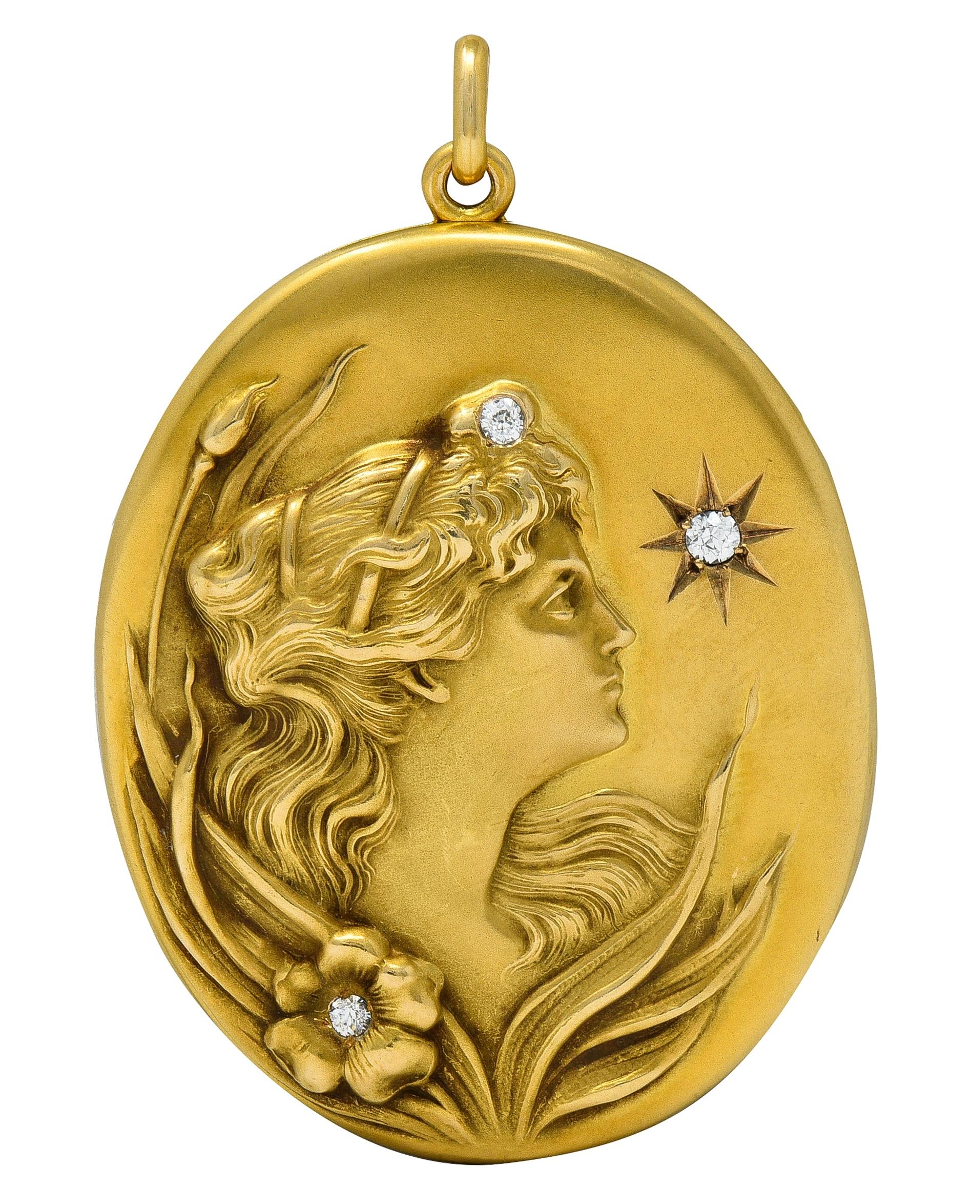 Art Nouveau Diamond 14 Karat Yellow Gold Antique Lady Locket Pendant