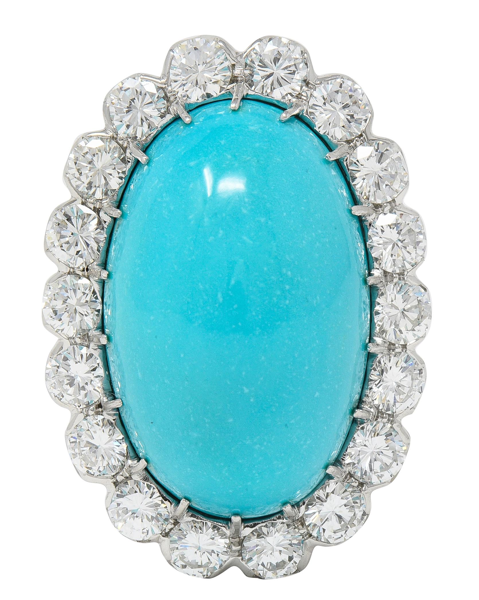 Mid-Century 3.24 CTW Diamond Turquoise 18K White Gold Vintage Wire Halo Ring