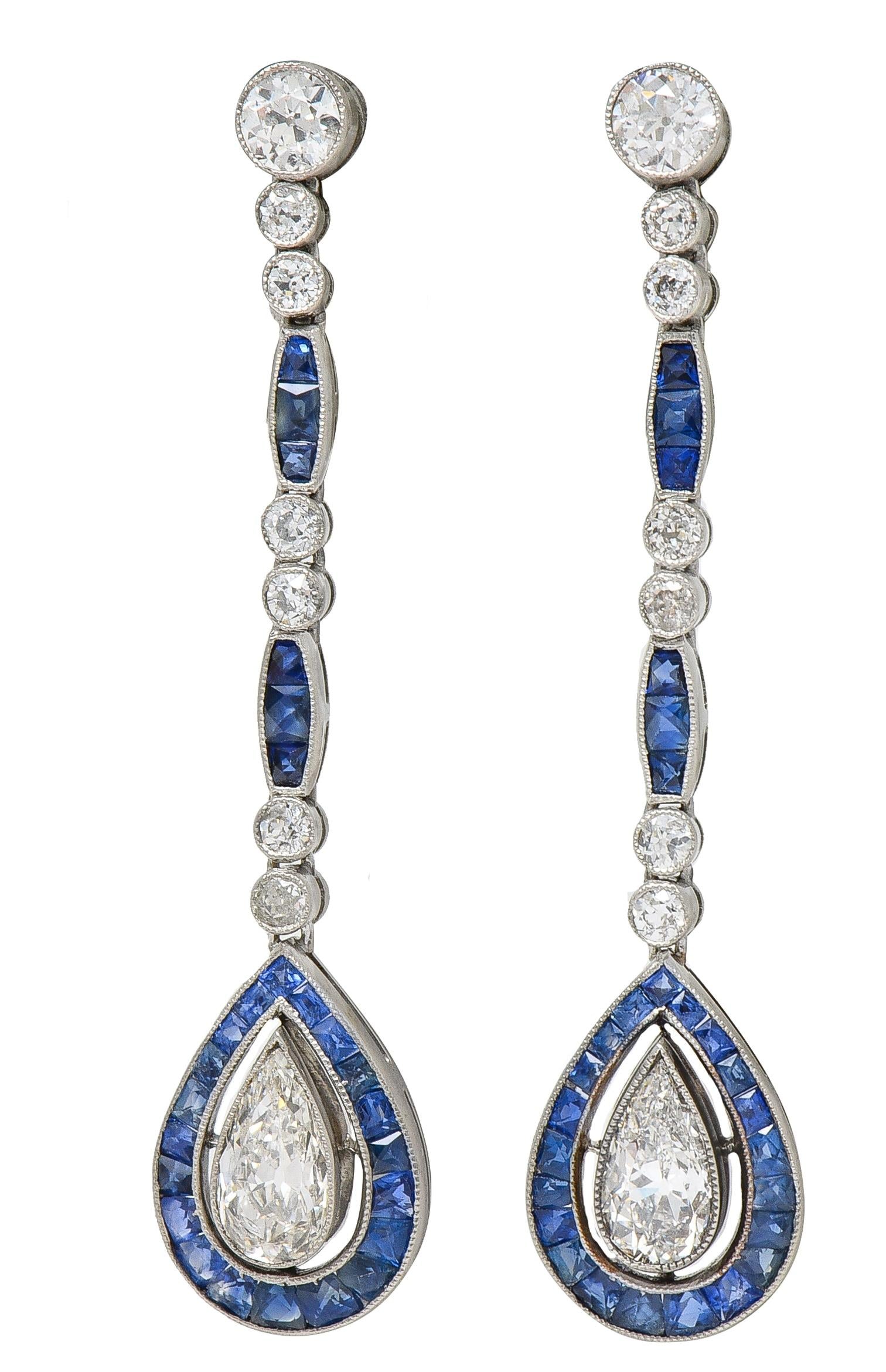 Art Deco 4.20 CTW Sapphire Diamond Platinum Vintage Halo Drop Earrings