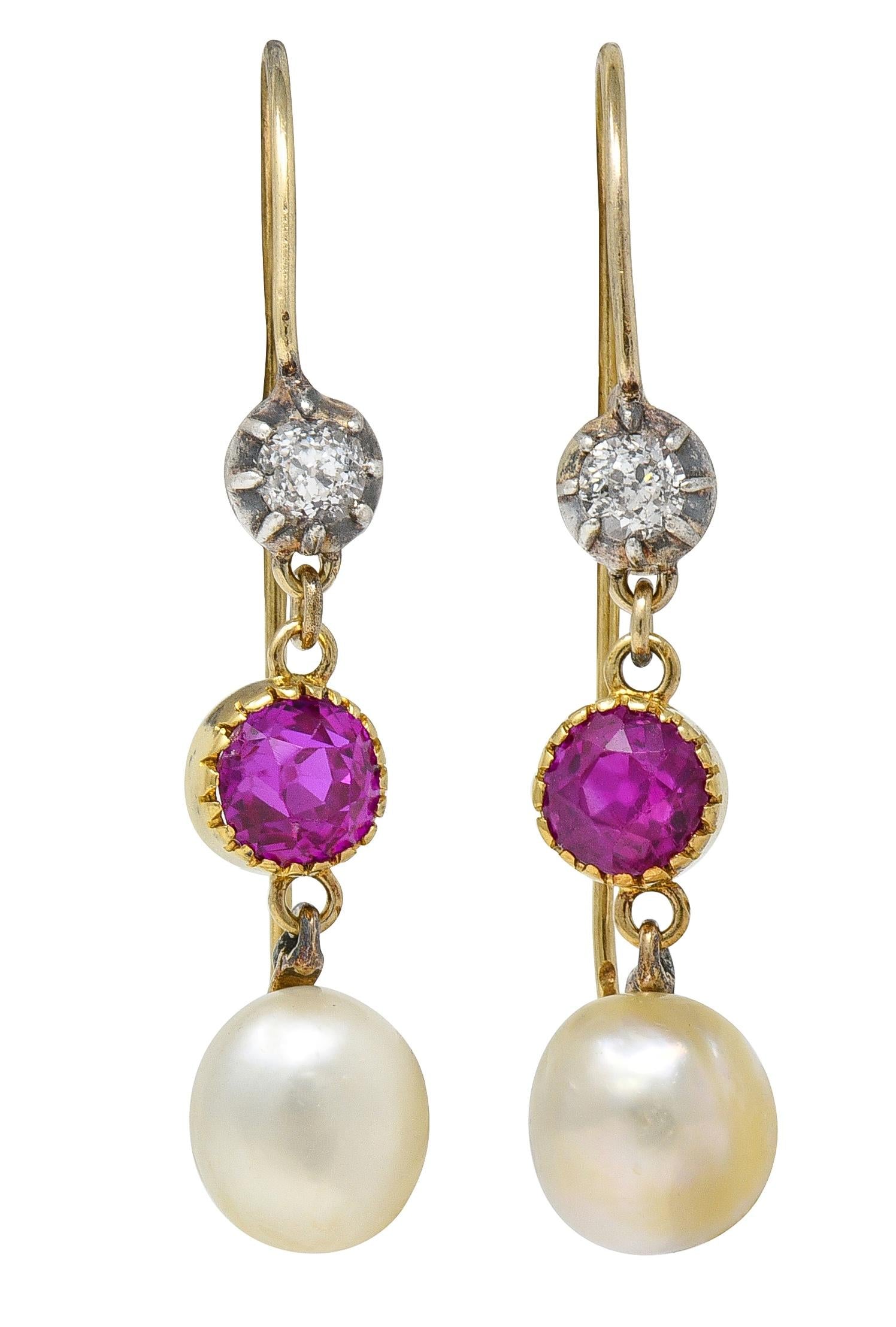 Victorian No Heat Burma Pink Sapphire Diamond Pearl 14K Gold Drop Earrings GIA