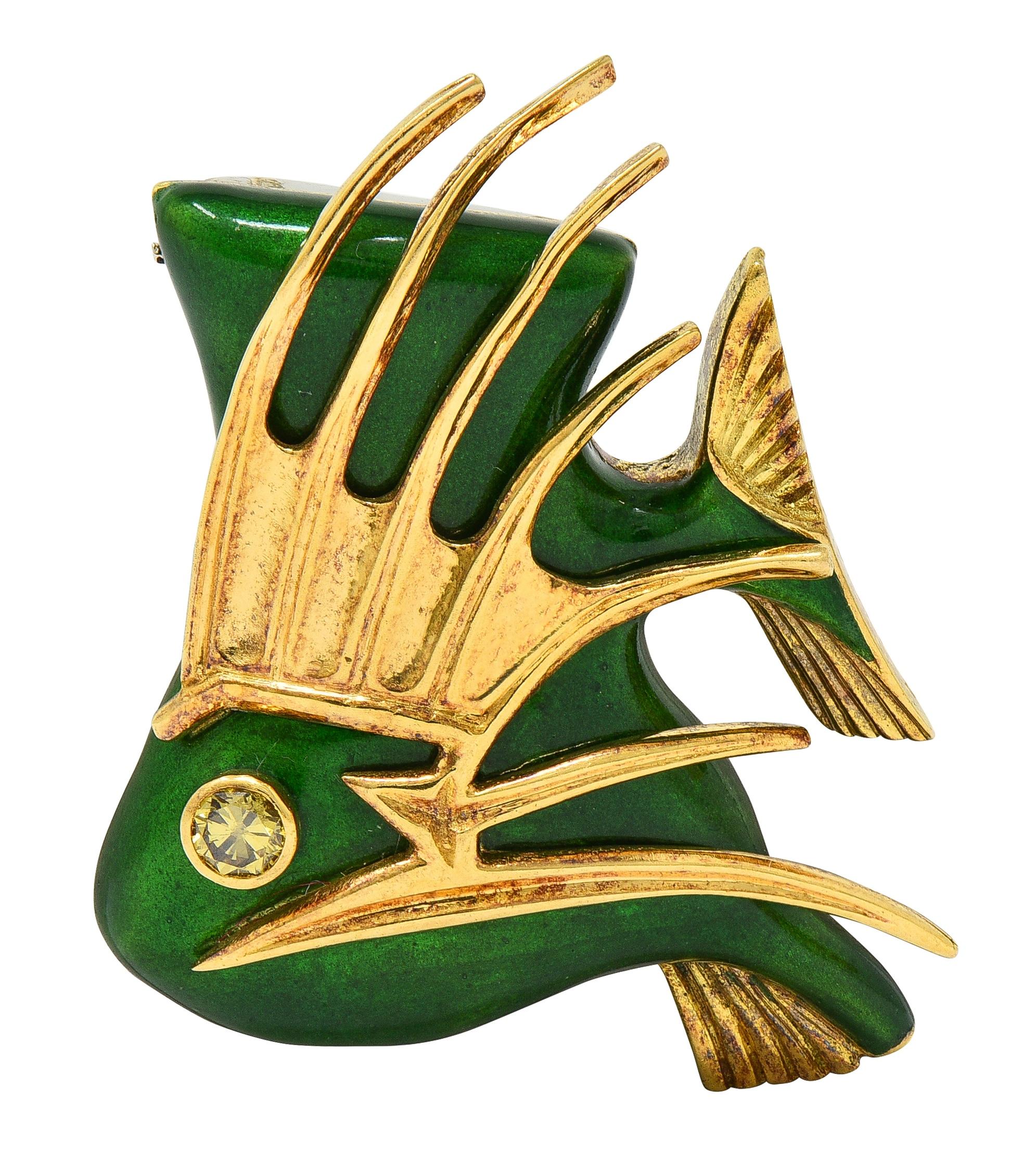 Cartier French 1960's Diamond Enamel 18K Gold Vintage Tropical Fish Brooch