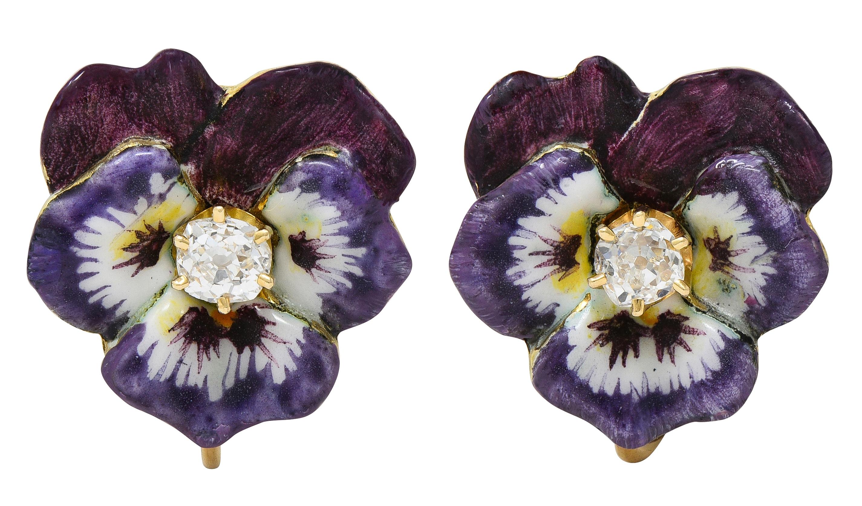 Art Nouveau Diamond Enamel 14K Gold Antique Painted Pansy Screw-Back Earrings
