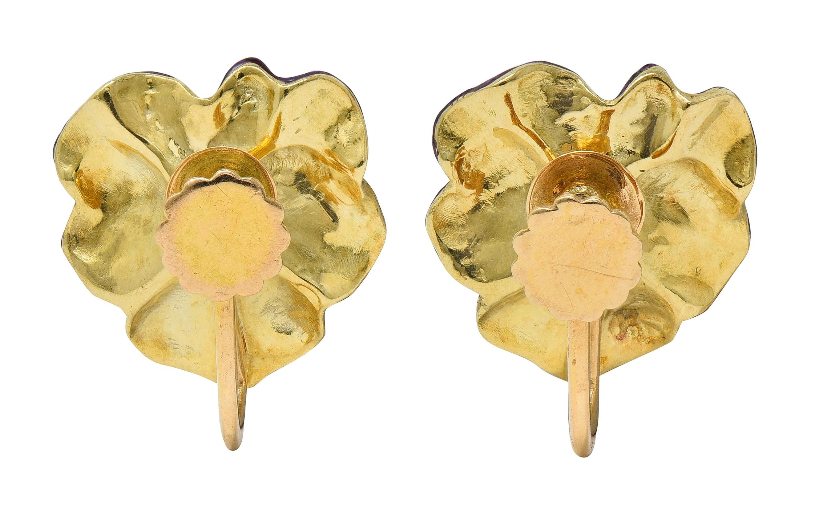 Art Nouveau Diamond Enamel 14K Gold Antique Painted Pansy Screw-Back Earrings