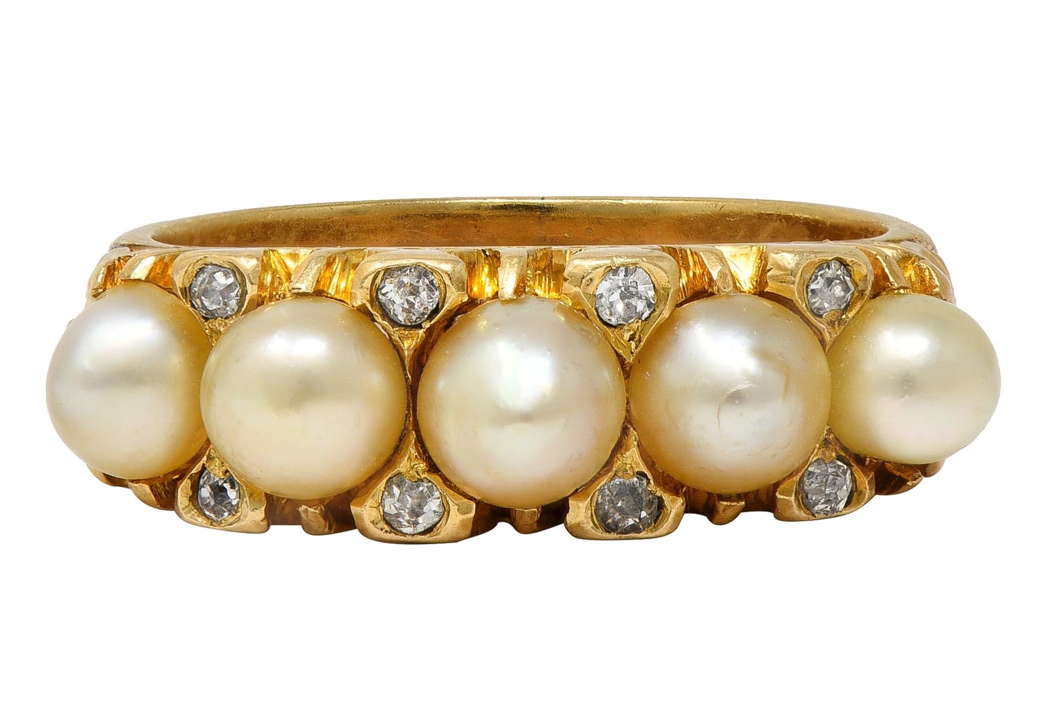 Art Nouveau Pearl Diamond 18 Karat Yellow Gold Antique Scrolling Band Ring