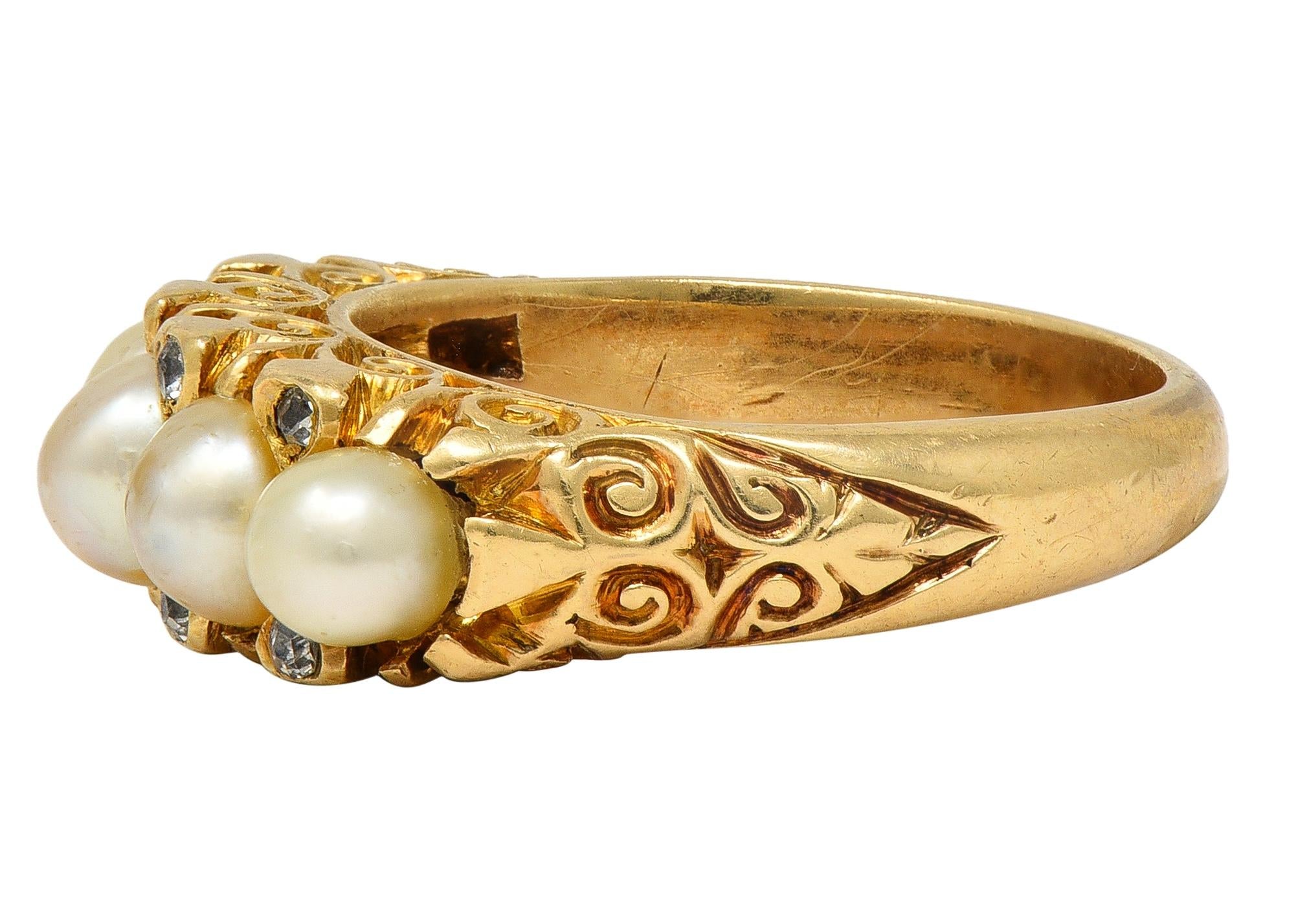 Art Nouveau Pearl Diamond 18 Karat Yellow Gold Antique Scrolling Band Ring