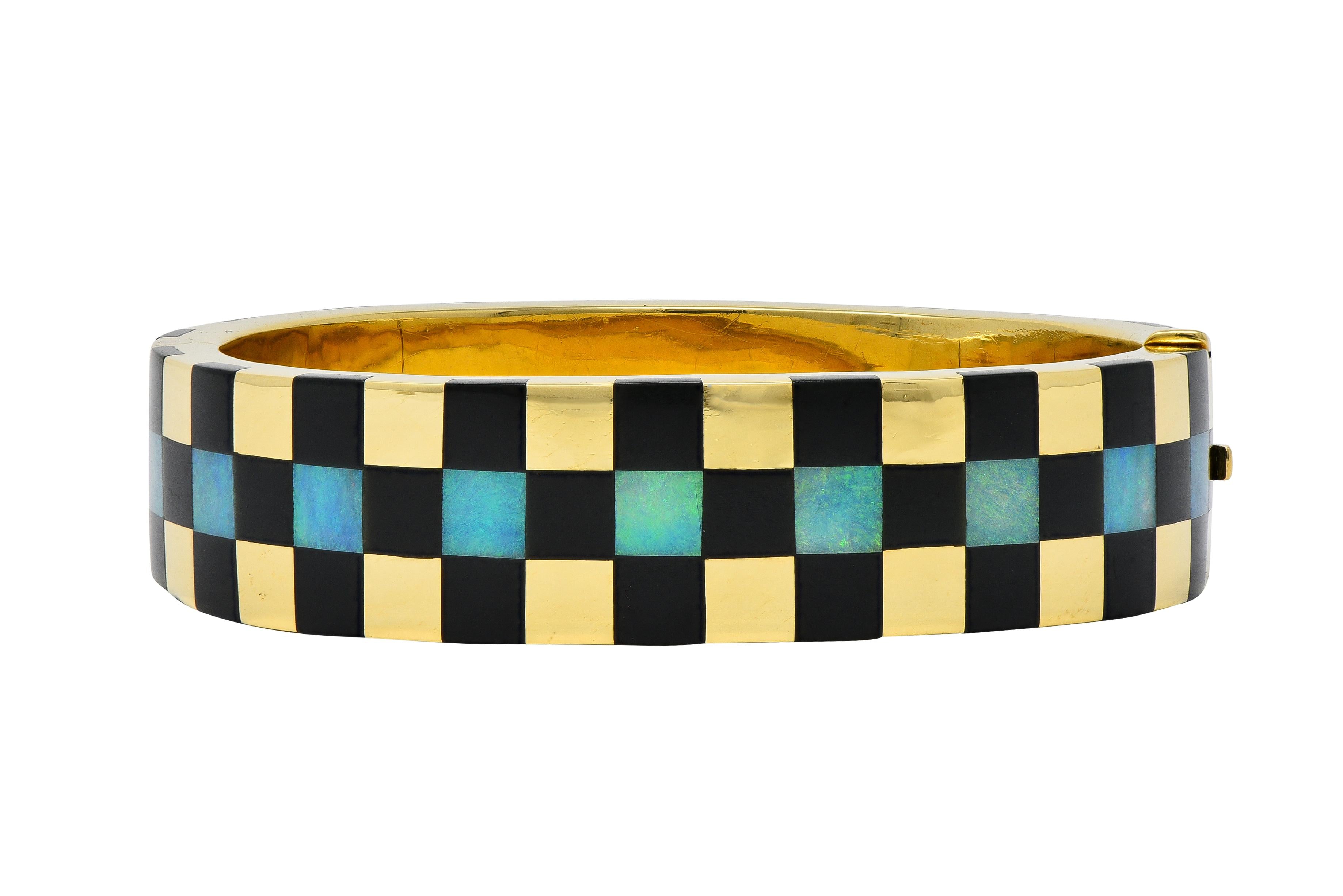 Tiffany & Co. 1980's Opal Inlay 18K Gold Vintage Checkerboard Bangle Bracelet