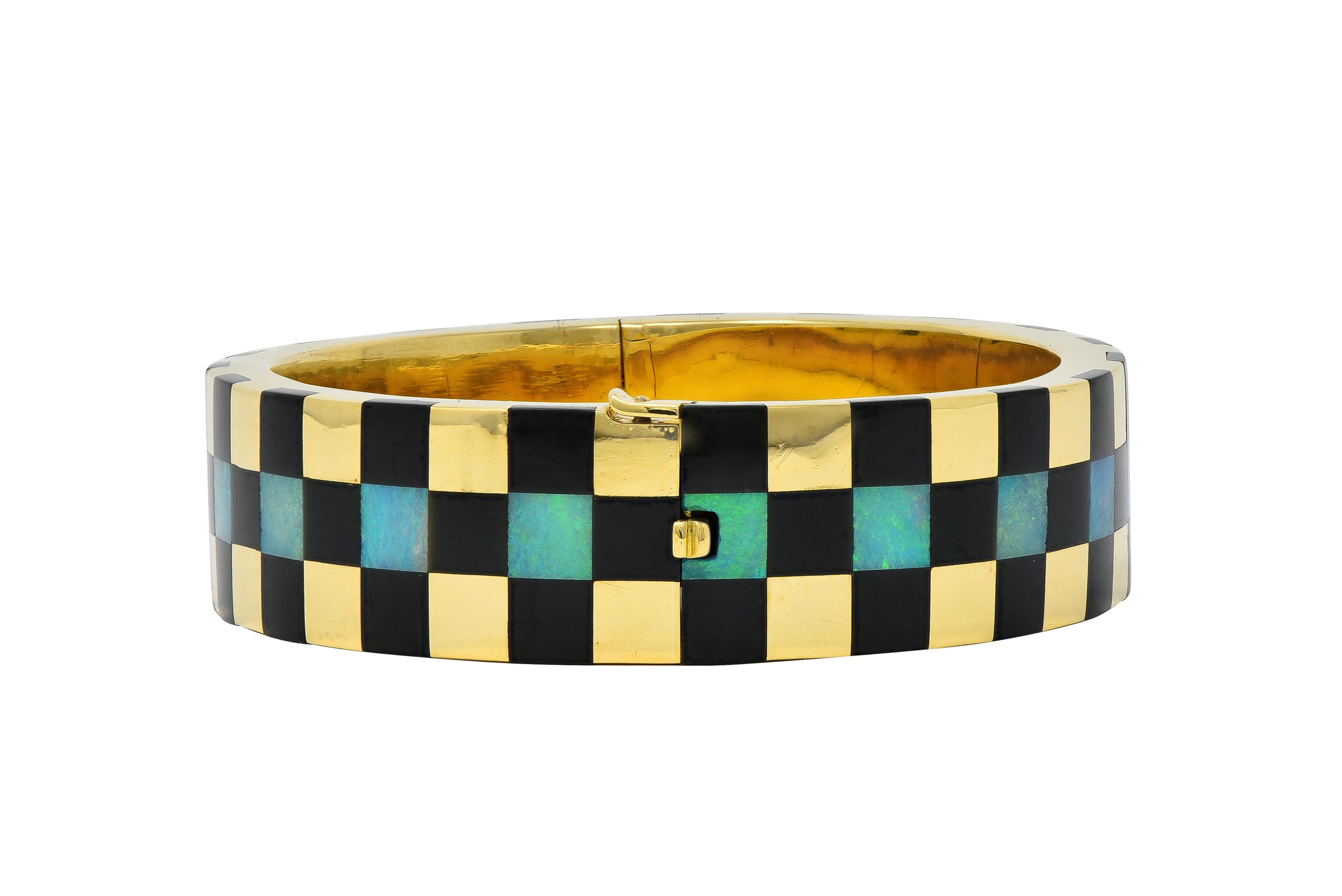 Tiffany & Co. 1980's Opal Inlay 18K Gold Vintage Checkerboard Bangle Bracelet