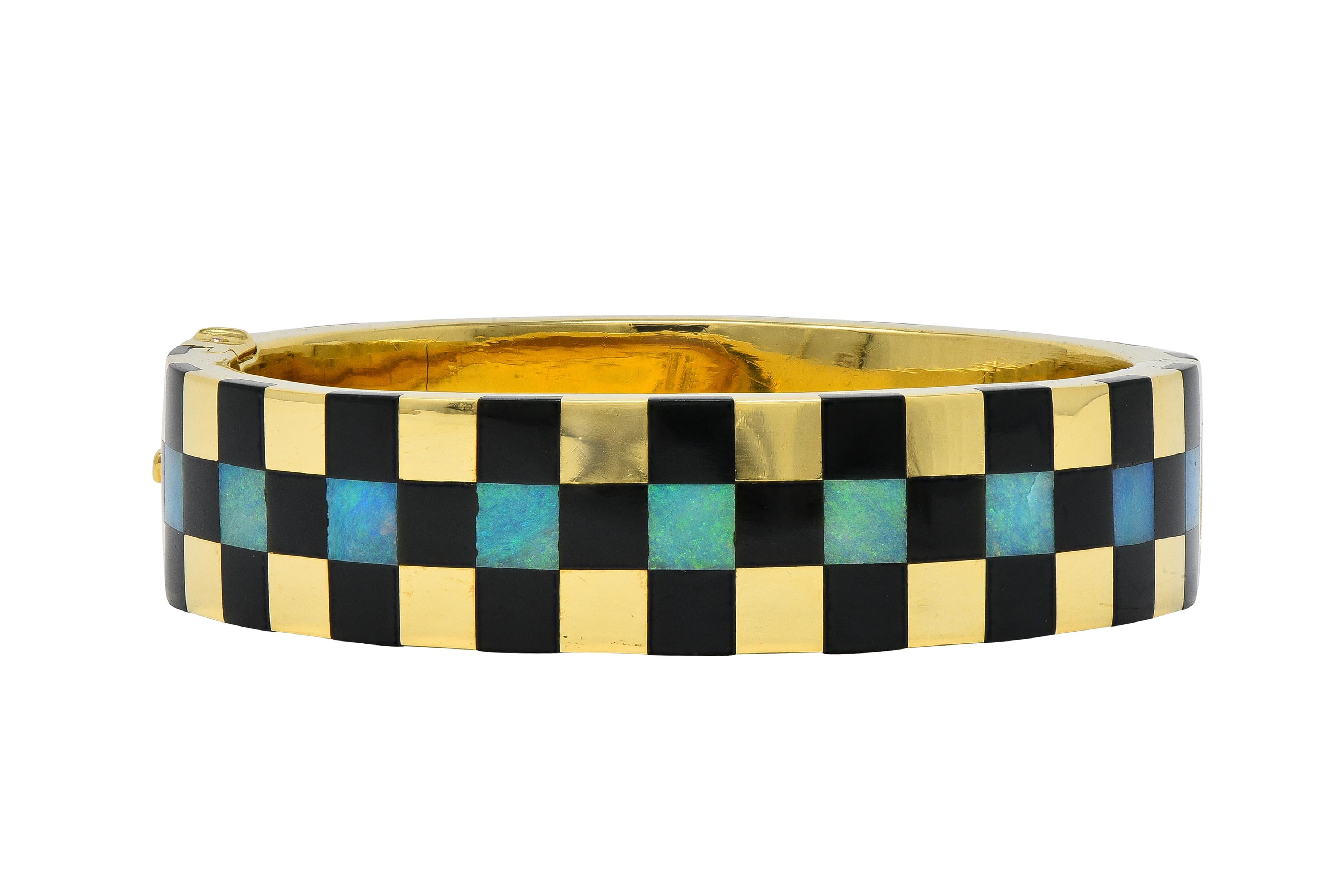 Tiffany & Co. 1980's Opal Inlay 18K Gold Vintage Checkerboard Bangle Bracelet