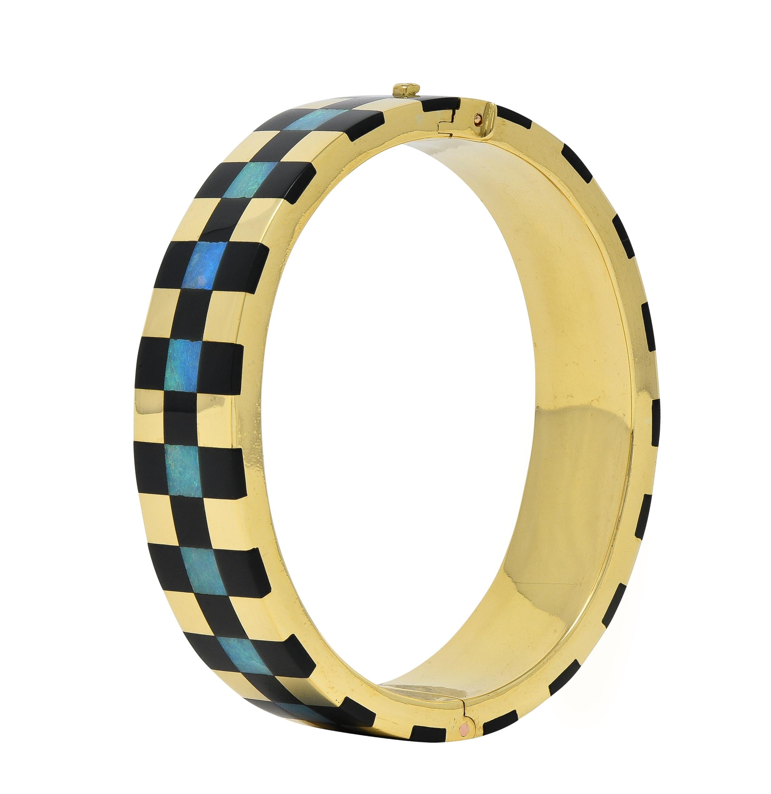 Tiffany & Co. 1980's Opal Inlay 18K Gold Vintage Checkerboard Bangle Bracelet