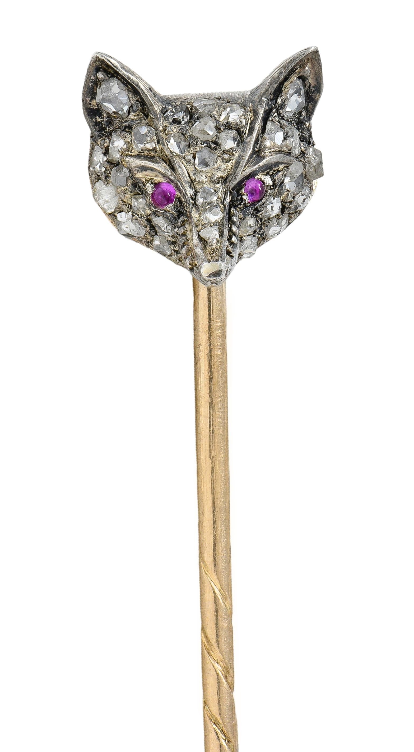 Victorian Diamond Ruby Silver 14 Karat Rose Gold Antique Fox Head Stickpin