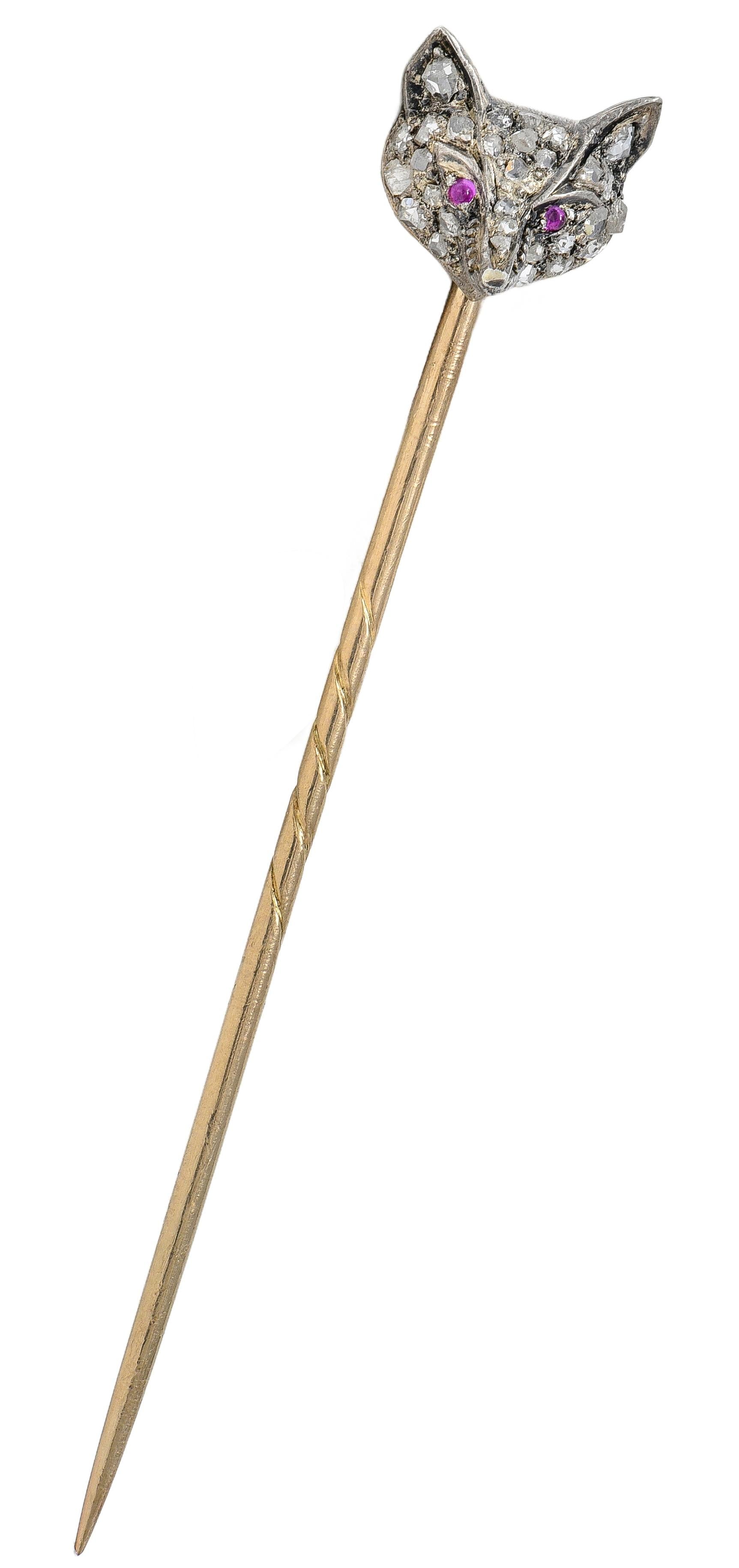 Victorian Diamond Ruby Silver 14 Karat Rose Gold Antique Fox Head Stickpin