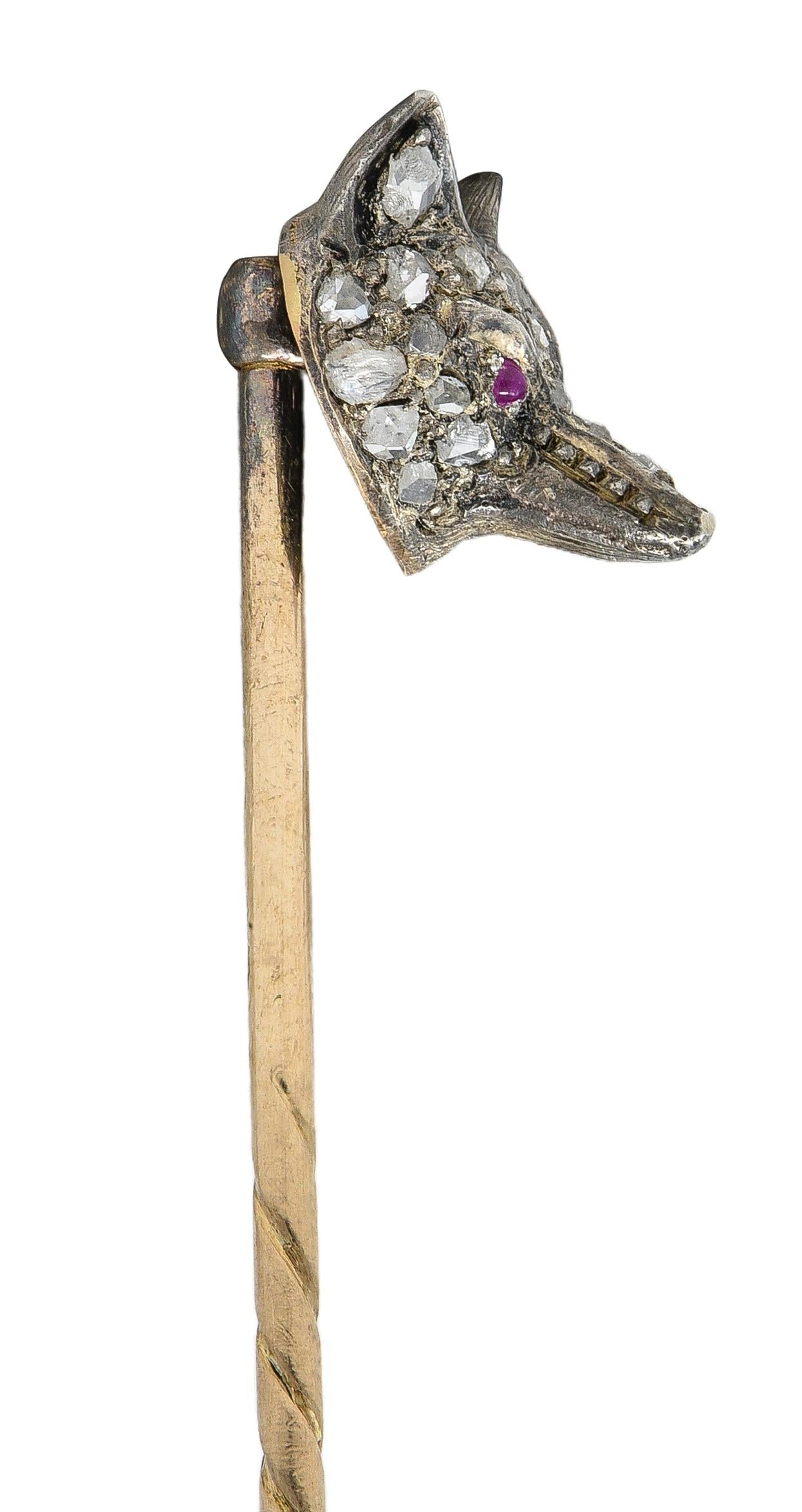 Victorian Diamond Ruby Silver 14 Karat Rose Gold Antique Fox Head Stickpin