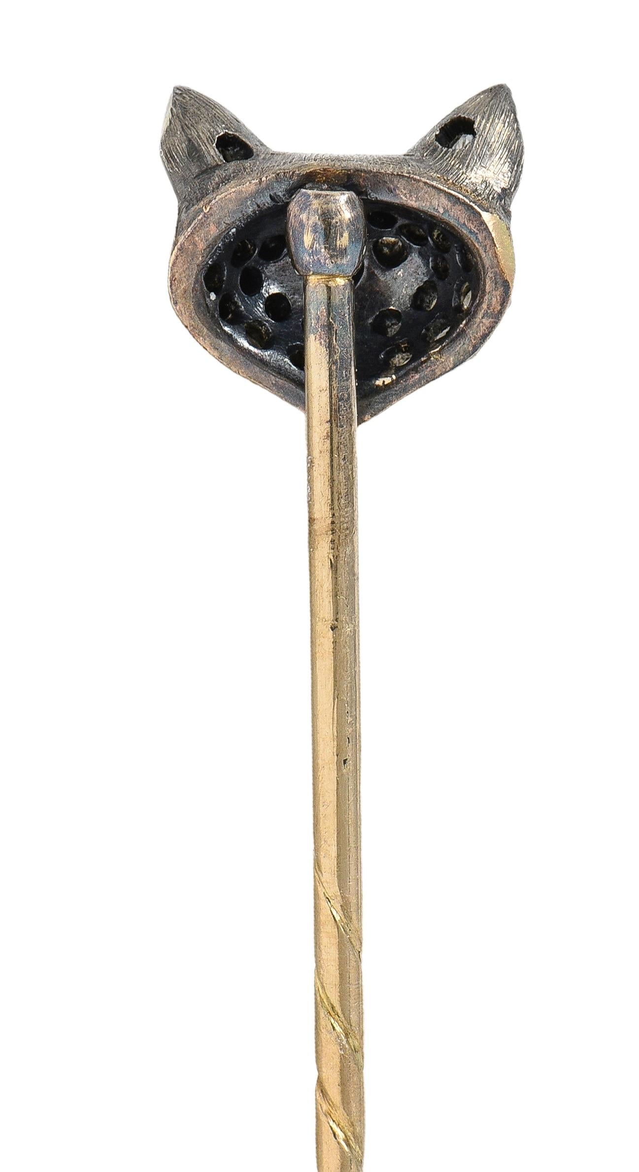 Victorian Diamond Ruby Silver 14 Karat Rose Gold Antique Fox Head Stickpin