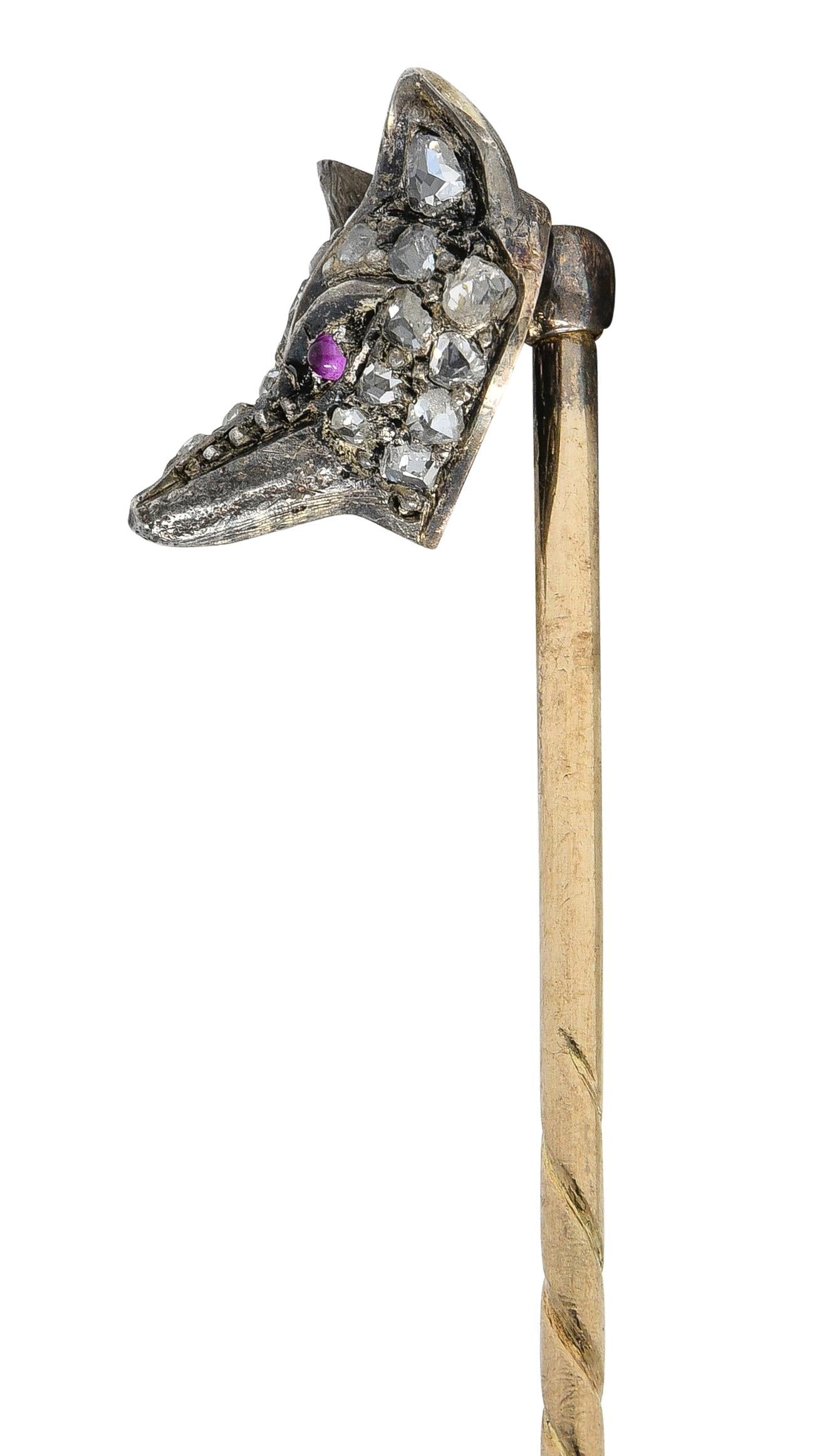 Victorian Diamond Ruby Silver 14 Karat Rose Gold Antique Fox Head Stickpin