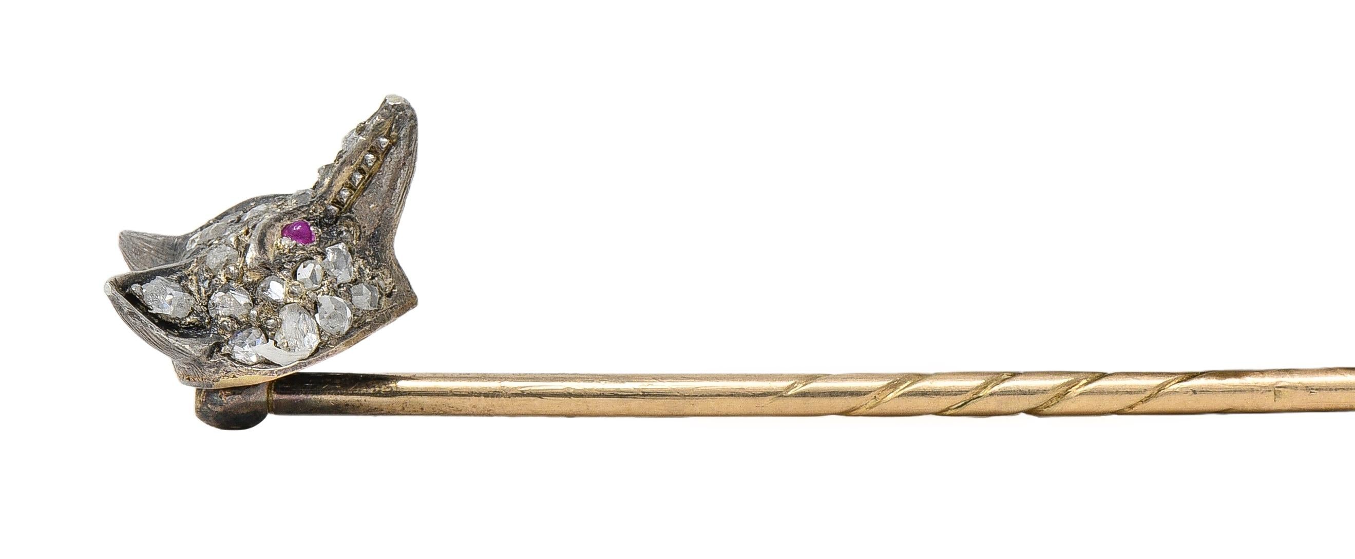 Victorian Diamond Ruby Silver 14 Karat Rose Gold Antique Fox Head Stickpin