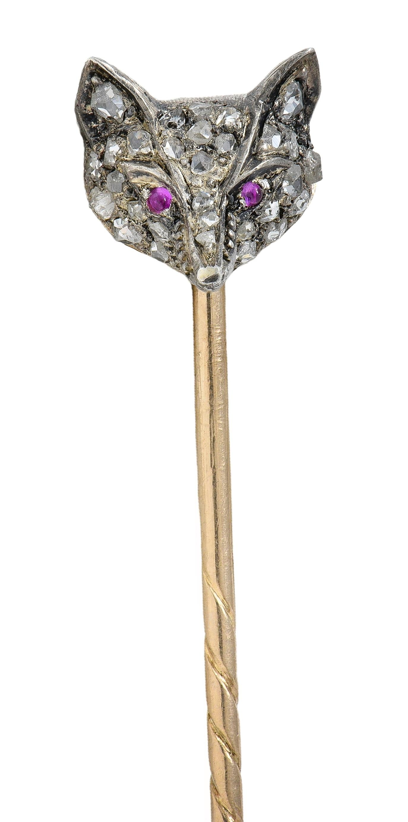 Victorian Diamond Ruby Silver 14 Karat Rose Gold Antique Fox Head Stickpin